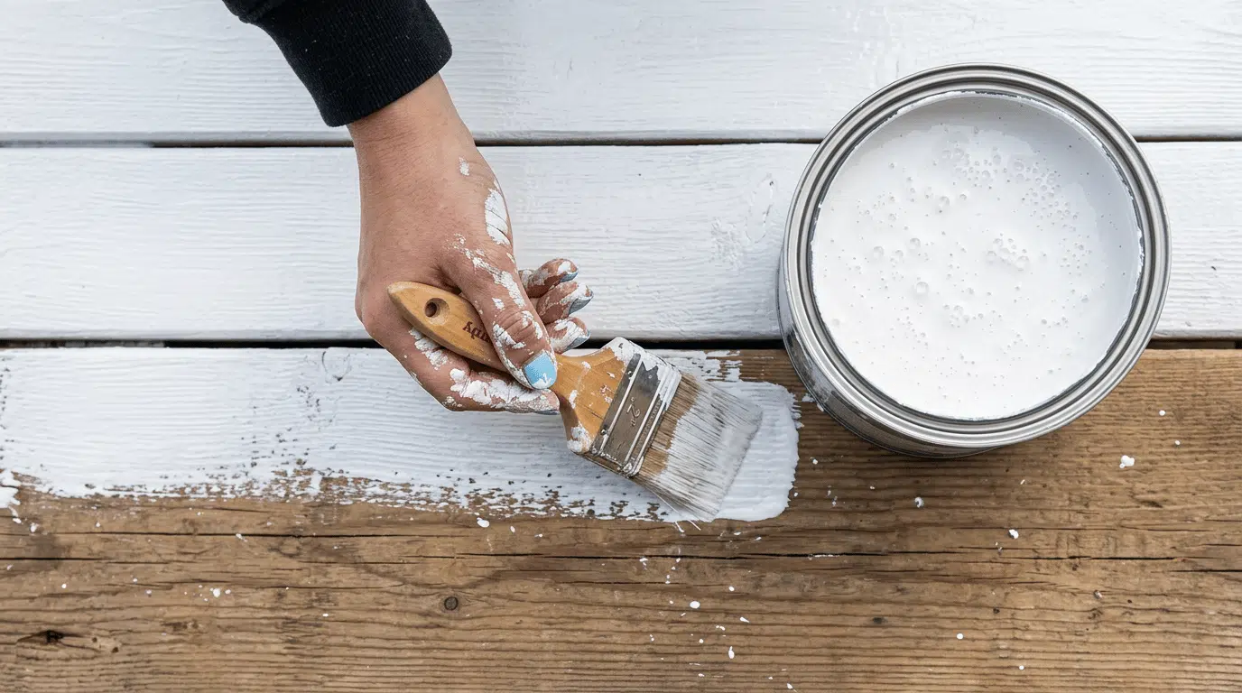 paintbrush loaded with white acrylic paint dripping over a bucket on wood surface