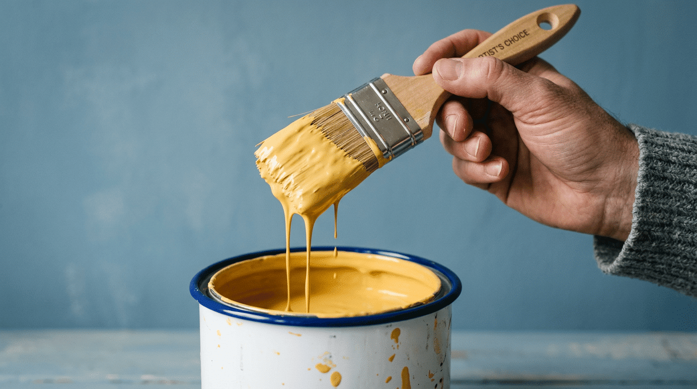 paintbrush dripping mustard-yellow paint into a can against a blue background
