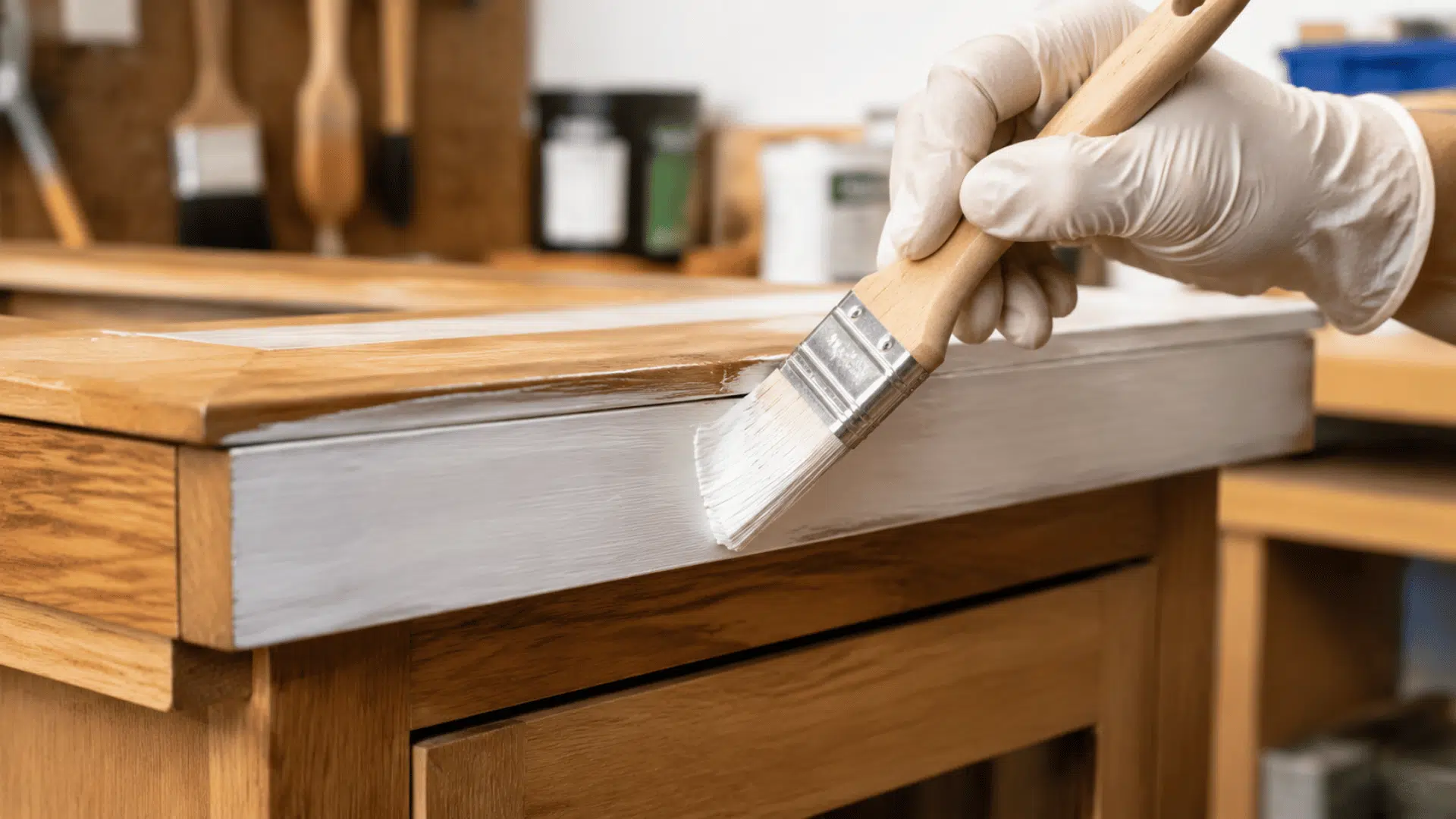 Gloved hand applying white bonding primer to a wood cabinet.