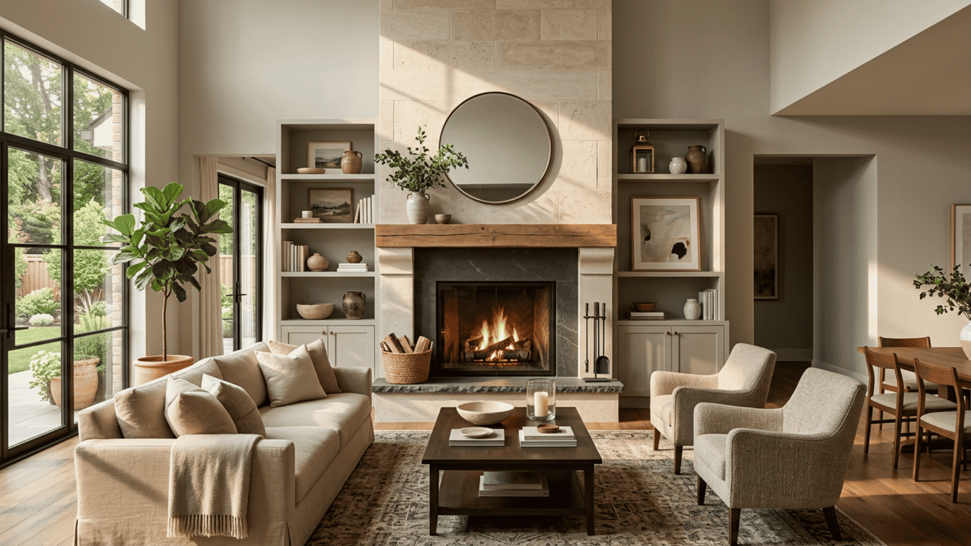 Fireplace and built-in shelves forming the main architectural focal point.