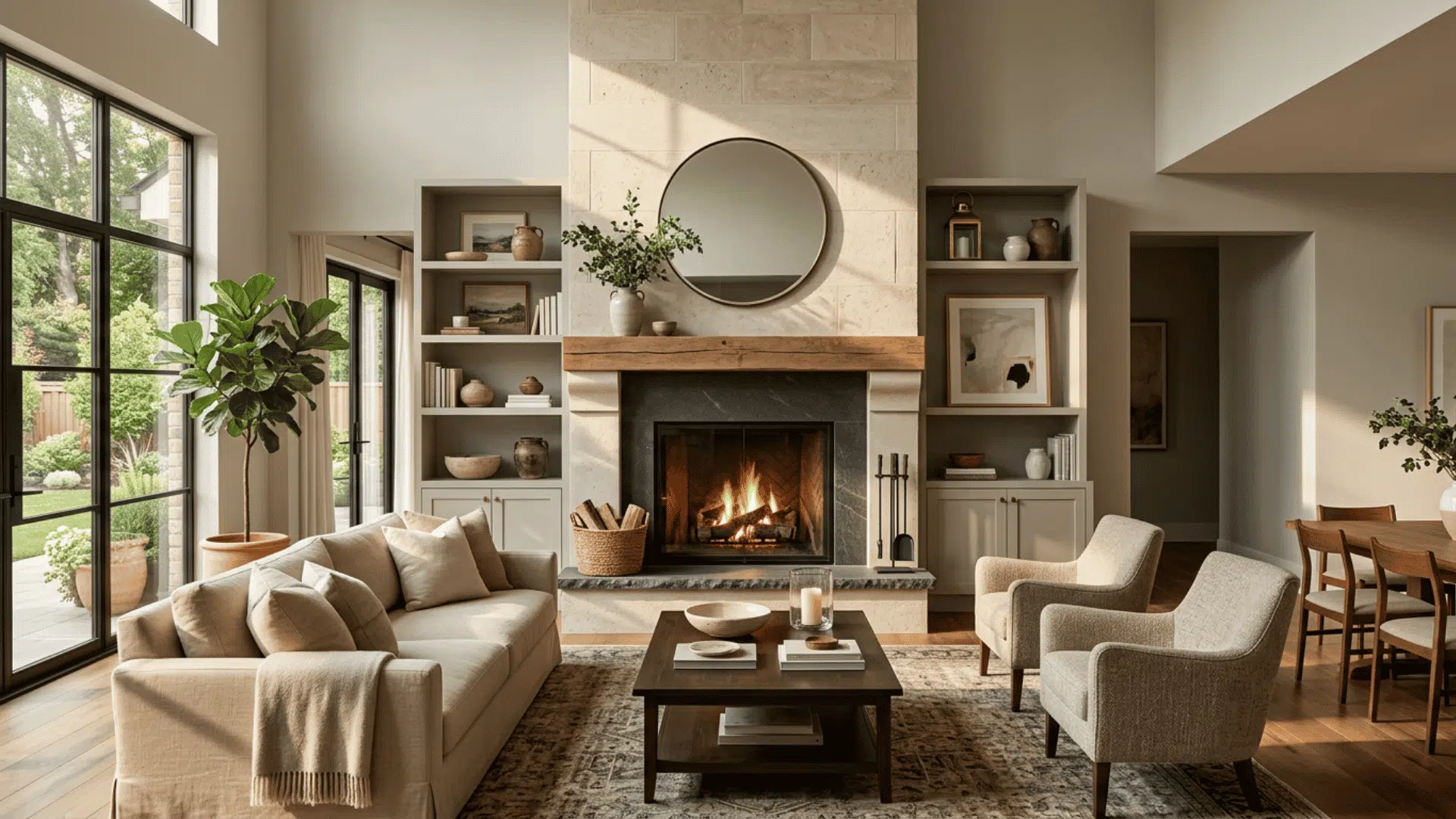 Fireplace and built-in shelves forming the main architectural focal point.