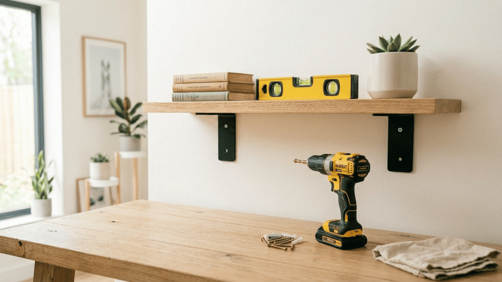 Finished wooden wall shelf with black brackets, drill, level, books, and a plant.