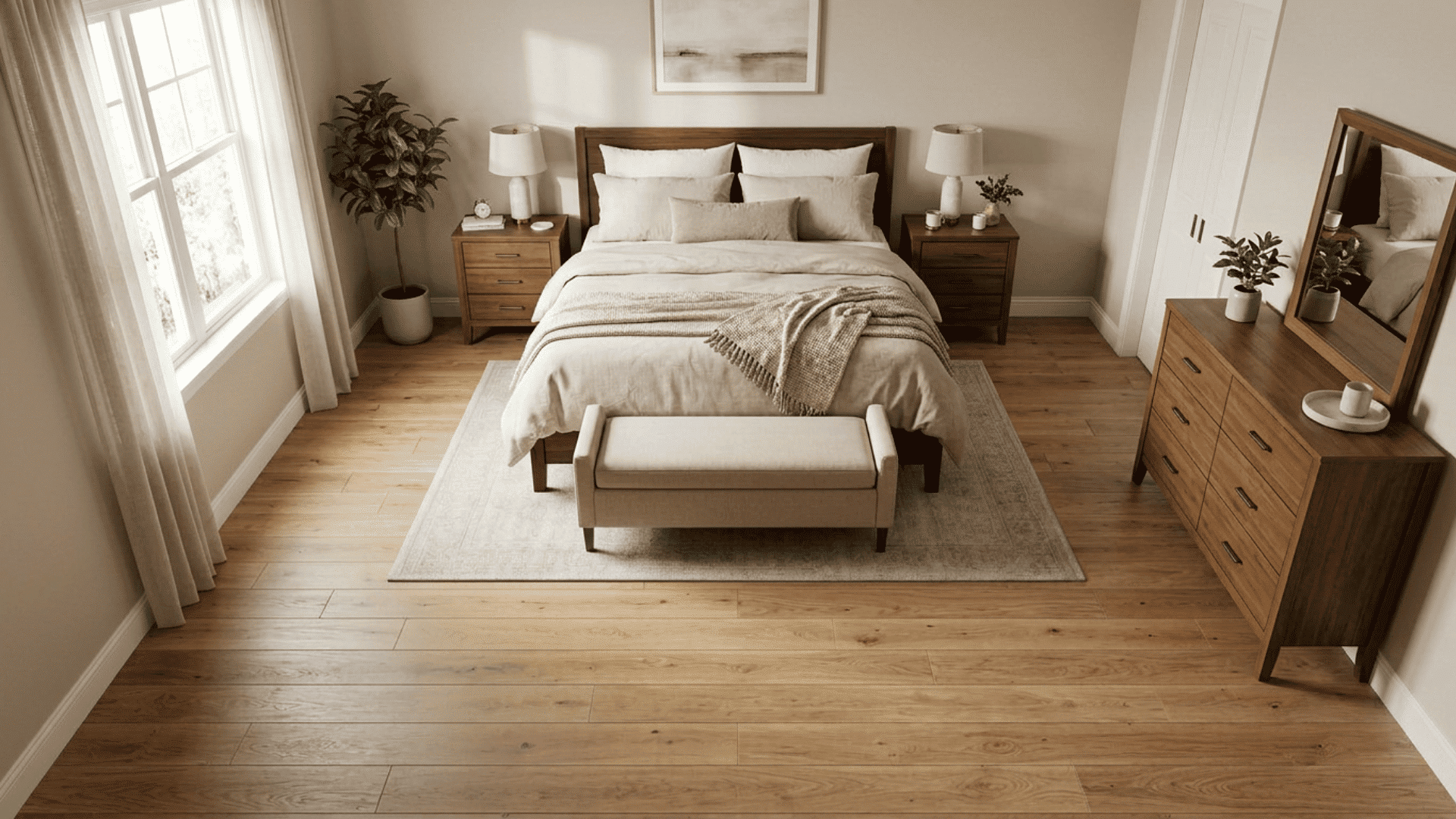 Average primary bedroom with king bed, nightstands, dresser, bench, and area rug