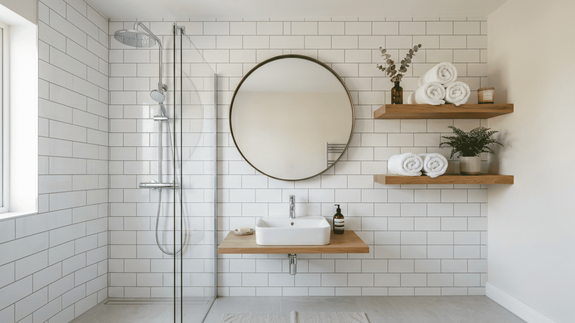 Modern white bathroom with rainfall shower, round mirror, floating wooden shelves, and towels