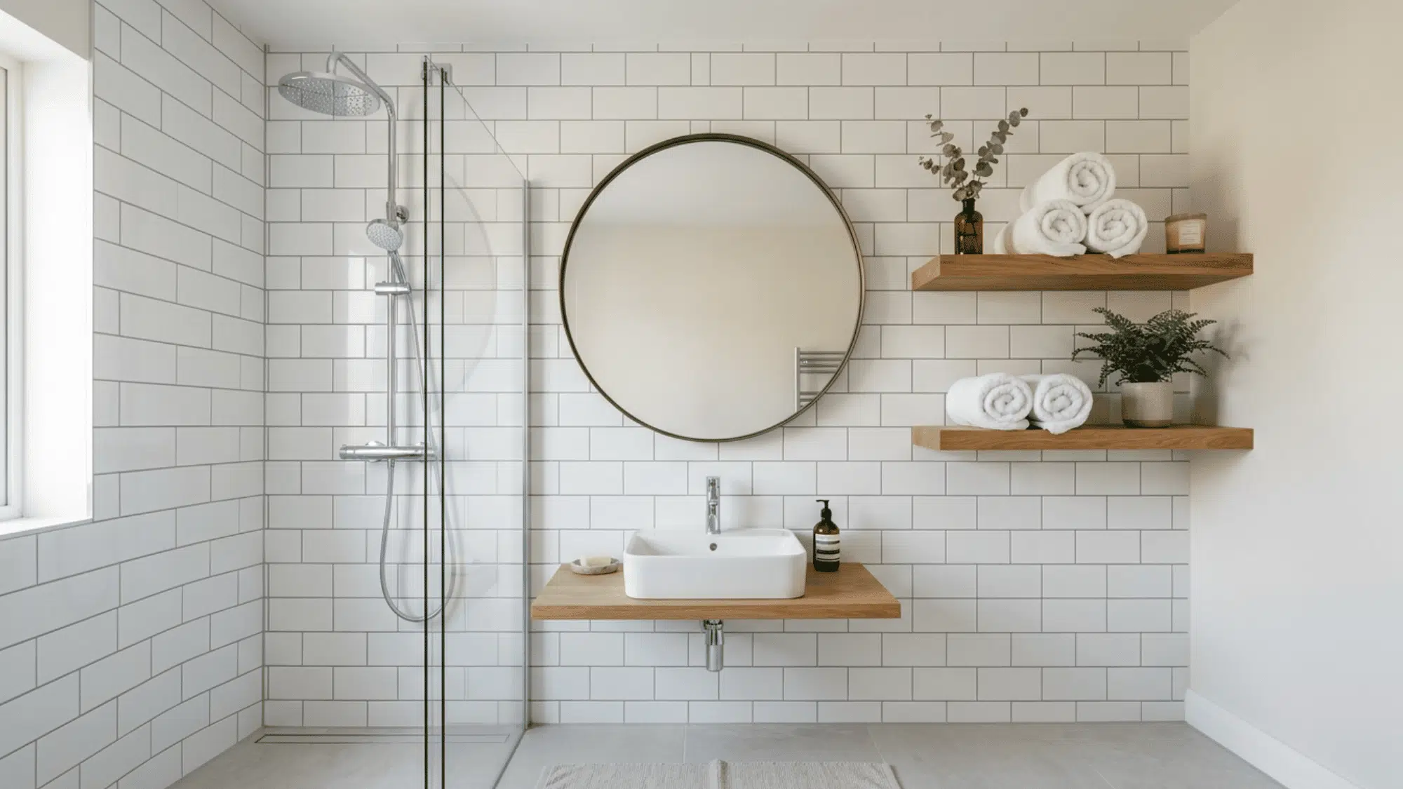 Modern white bathroom with rainfall shower, round mirror, floating wooden shelves, and towels