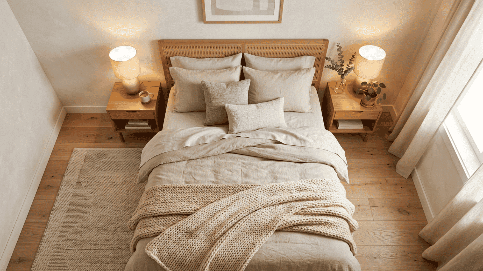 Cozy neutral bedroom with linen bedding, warm bedside lamps, knit throw, and bedside rug