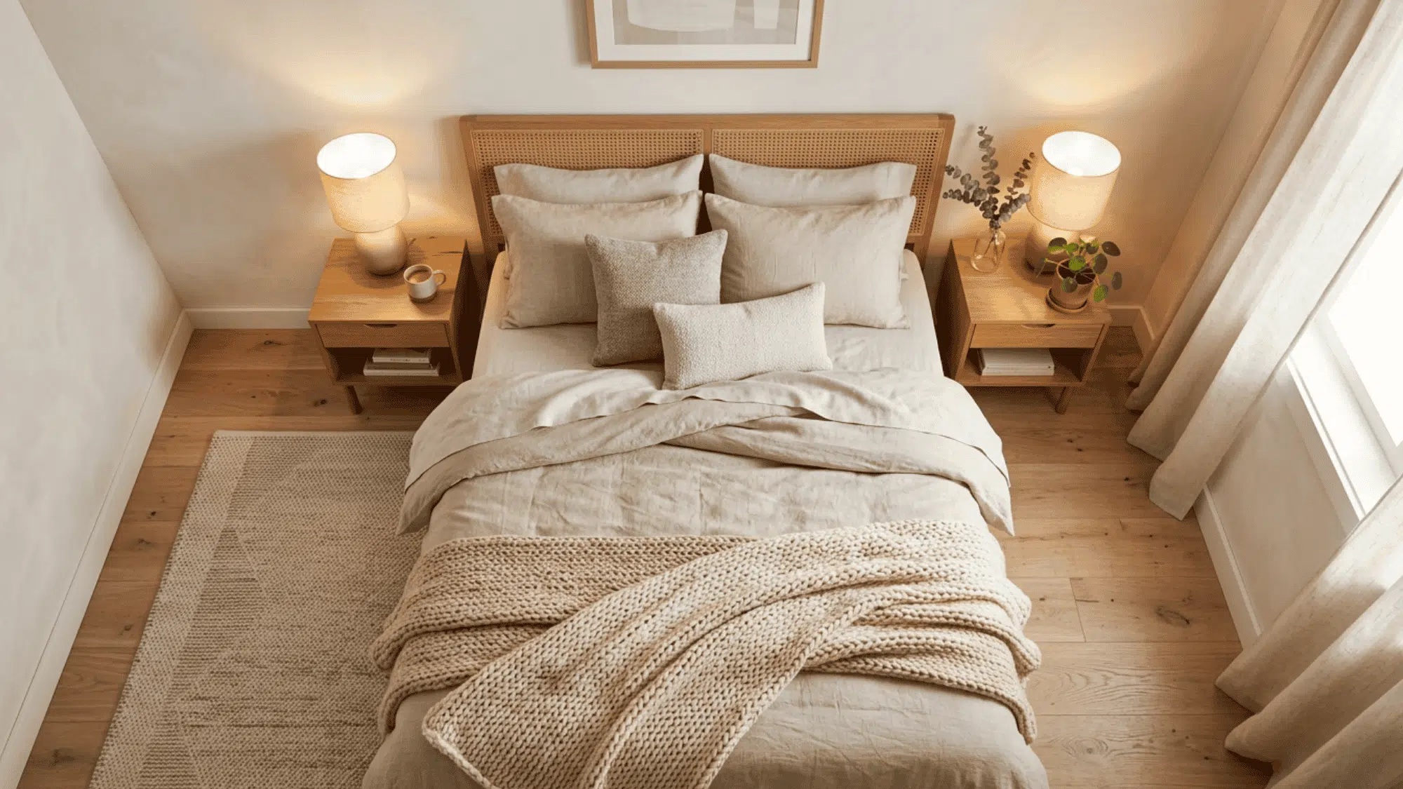 Cozy neutral bedroom with linen bedding, warm bedside lamps, knit throw, and bedside rug