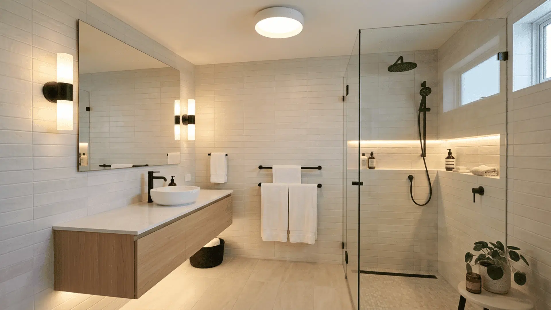 bright bathroom with wall lights, large mirror, floating vanity and glass shower