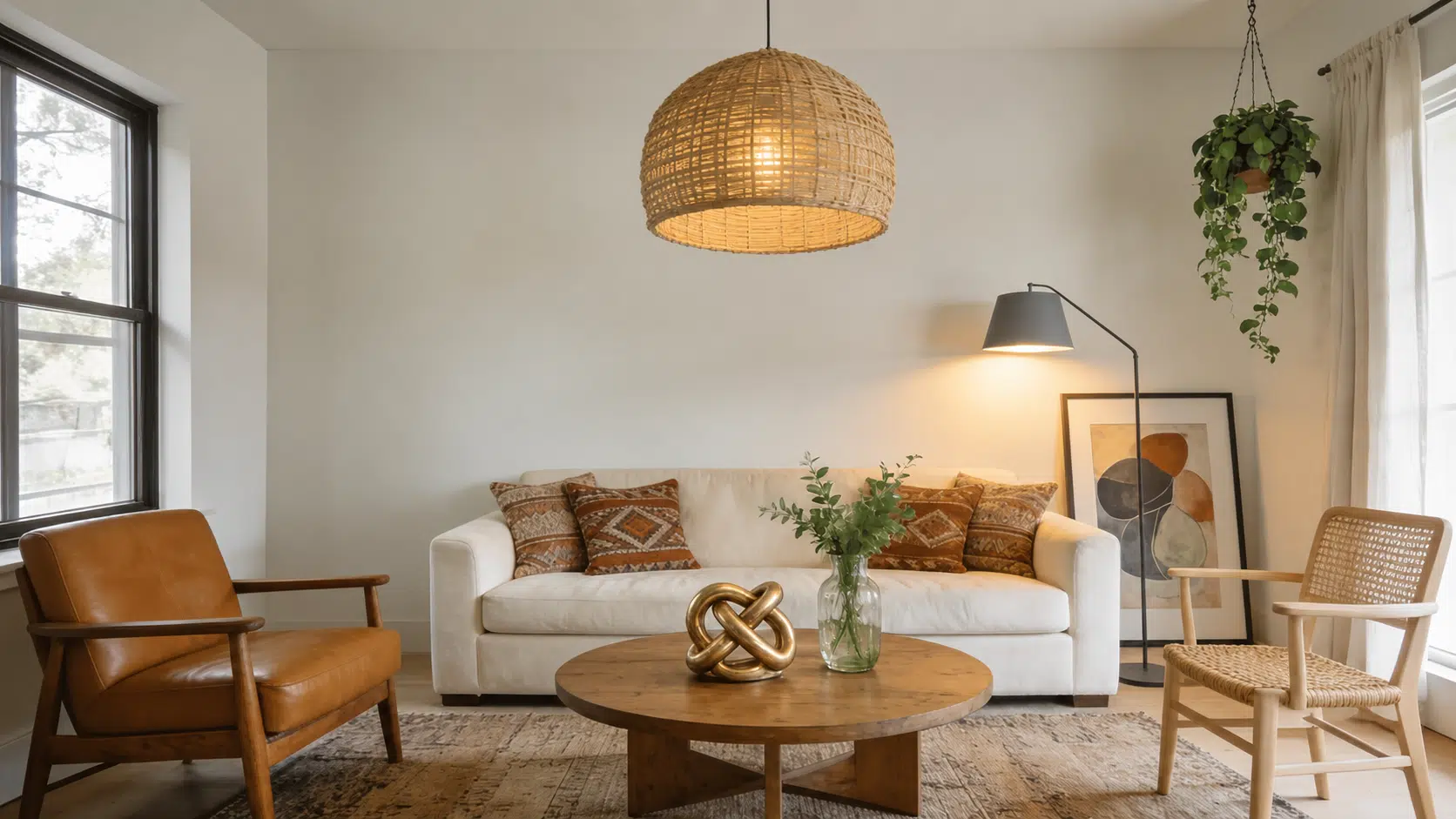 Cozy living room with a woven pendant light, neutral sofa, wooden furniture, indoor plants, and warm decor.