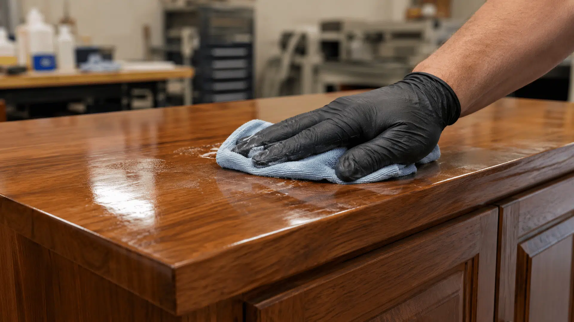 Gloved hand cleaning a glossy wood cabinet with a microfiber cloth.