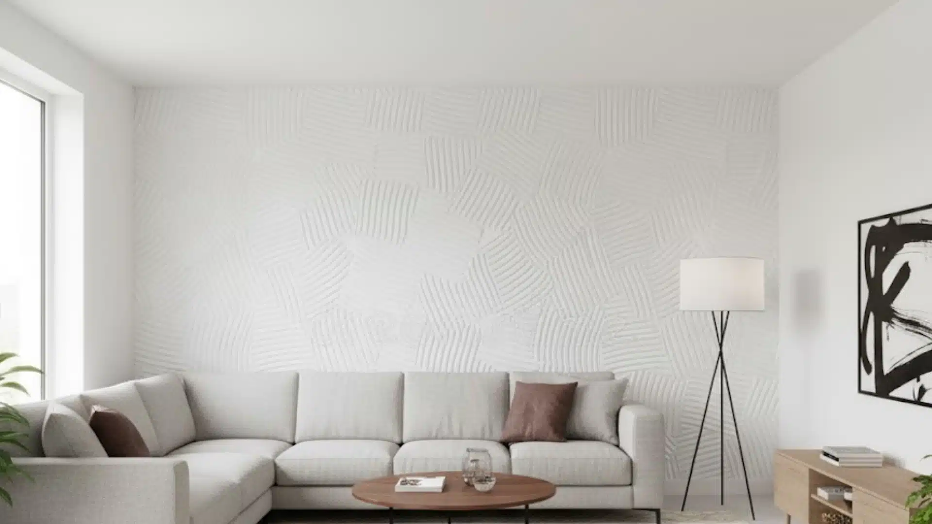 minimalist living room with cream sectional and white comb fish scale textured wall