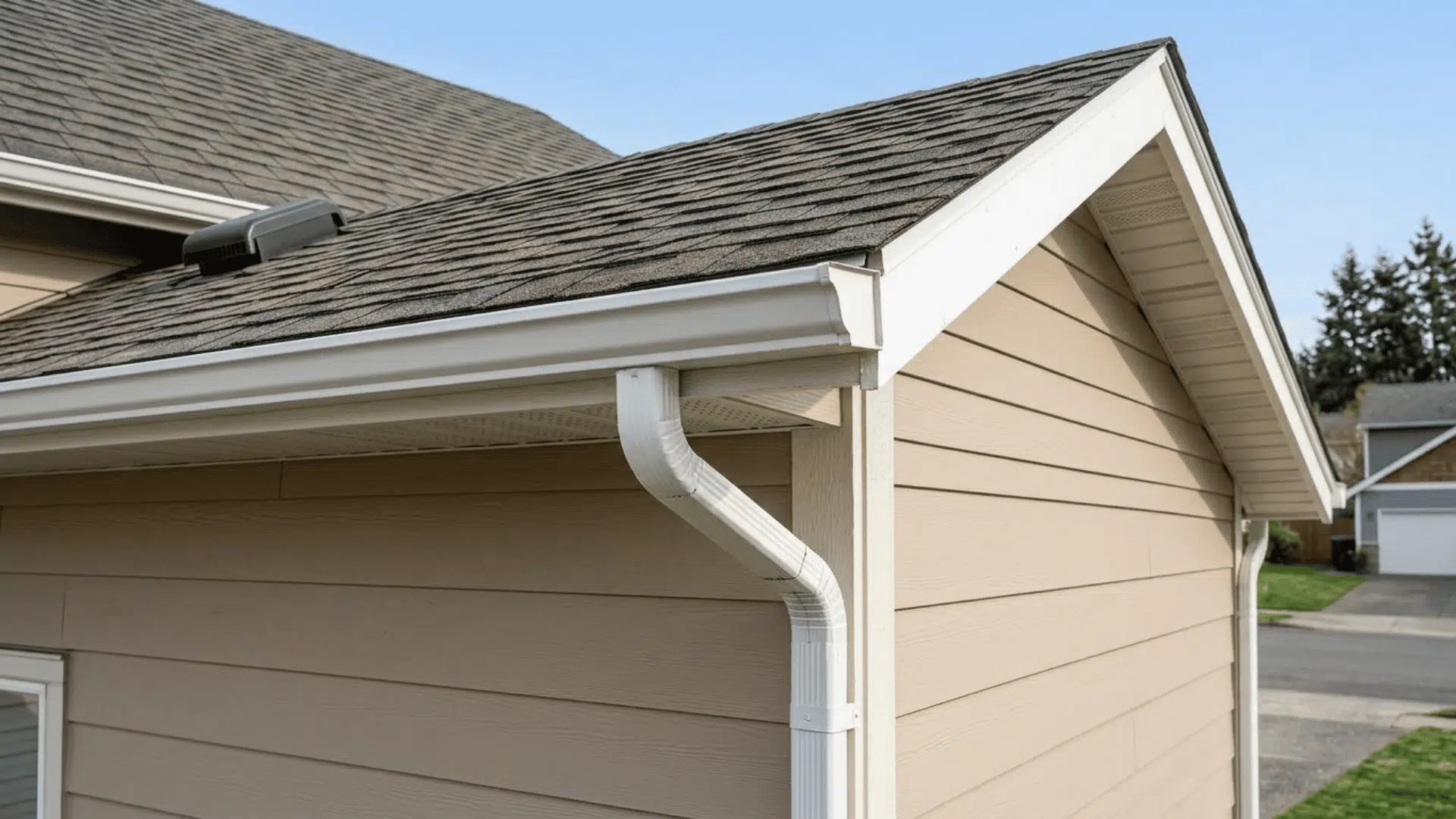Finished <echighlighted><echighlighted><echighlighted>roof eave</echighlighted></echighlighted></echighlighted> with soffit, fascia, gutter, and downspout installed.