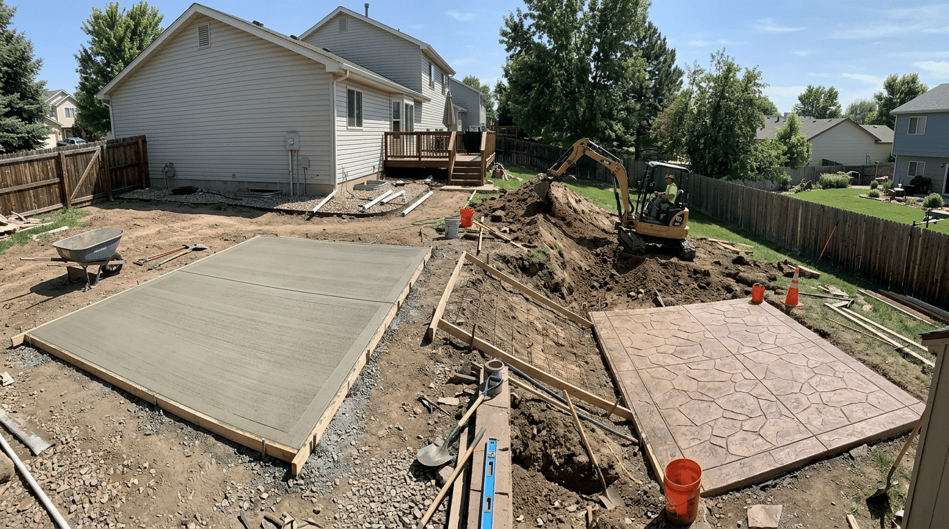 residential concrete project showing excavation and decorative stamped concrete installation