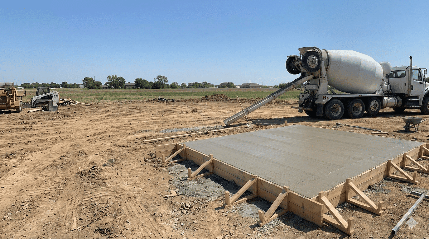 concrete truck pouring a fresh slab at a residential construction site