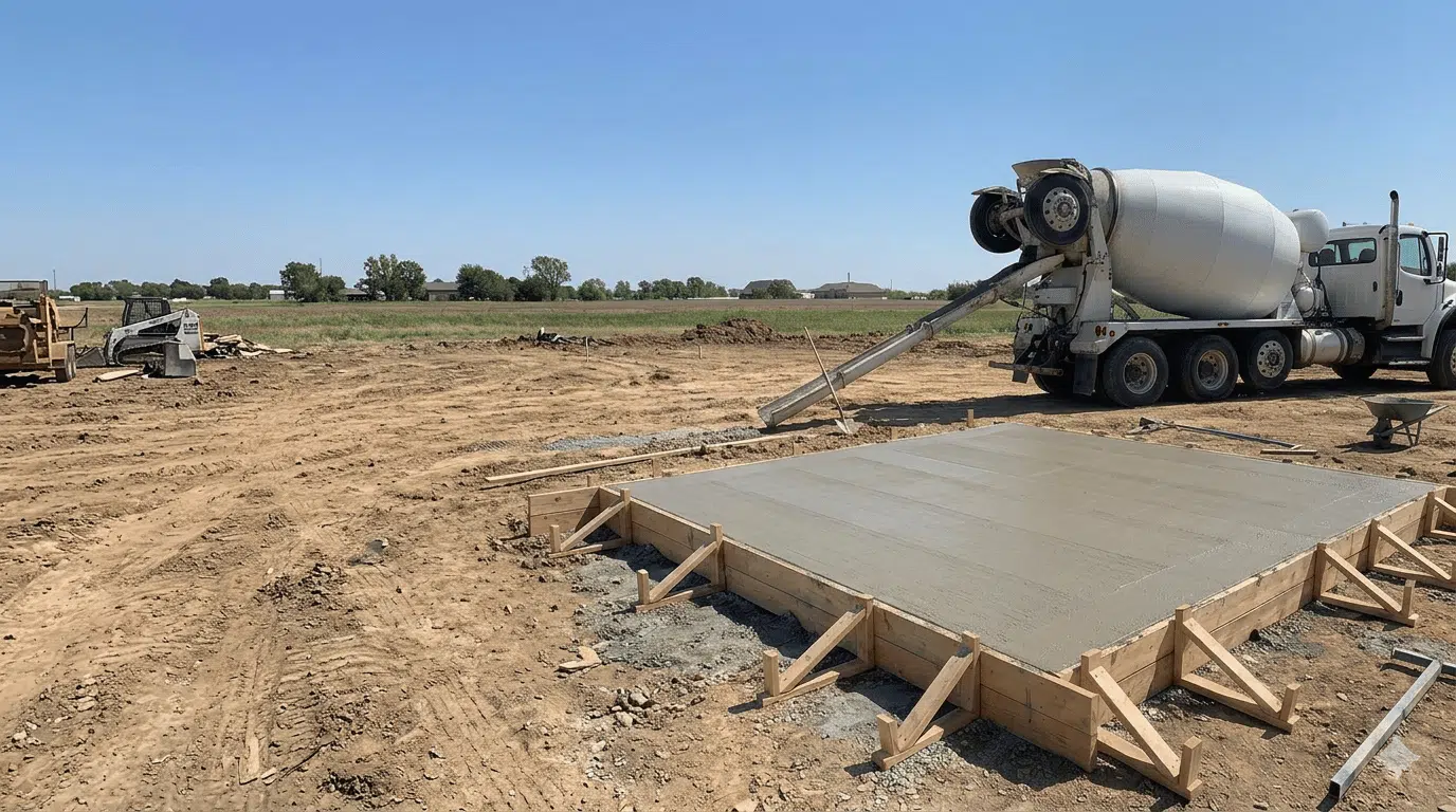 concrete truck pouring a fresh slab at a residential construction site