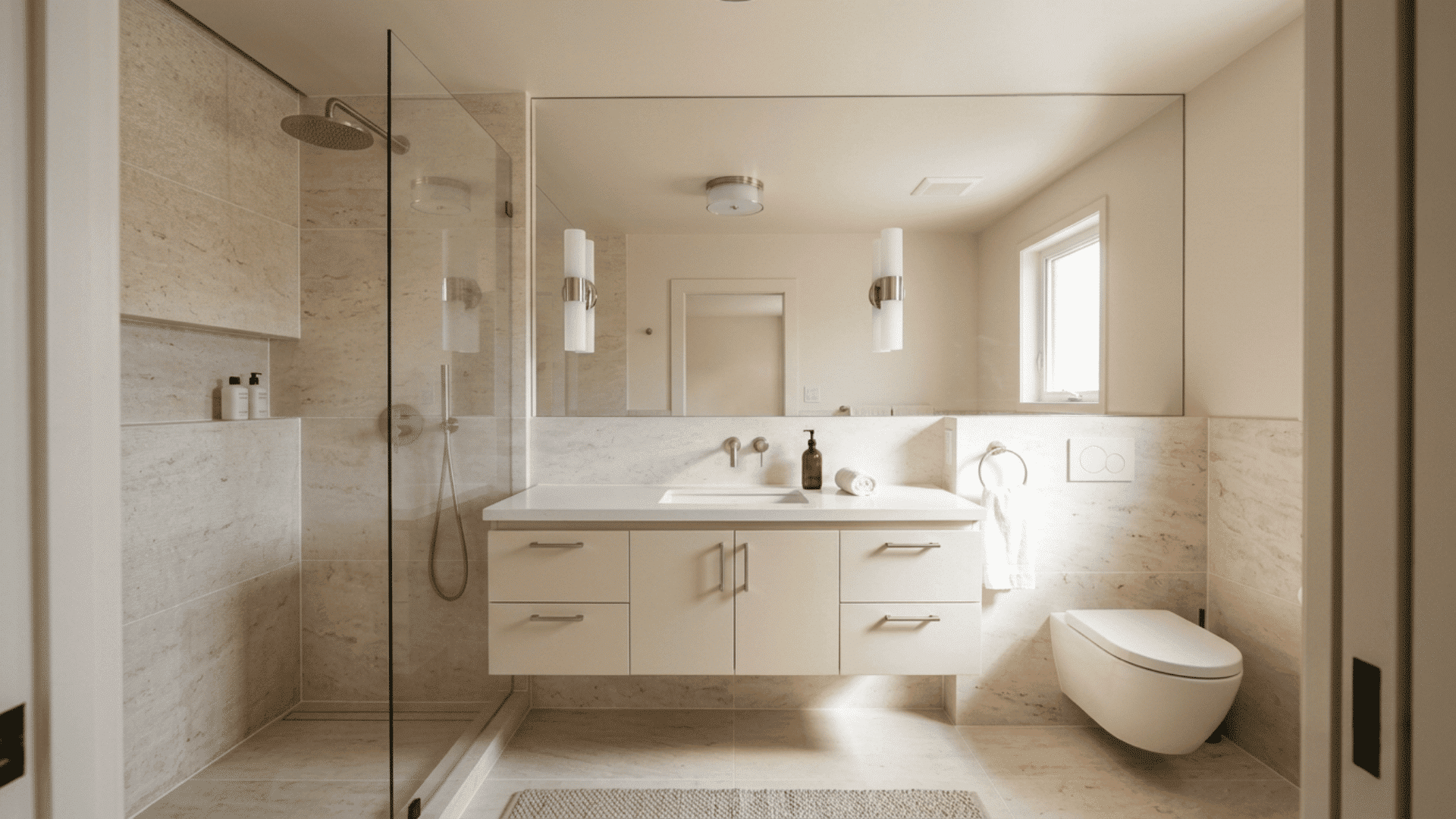 bright beige bathroom with white vanity, large mirror, glass shower, and toilet.