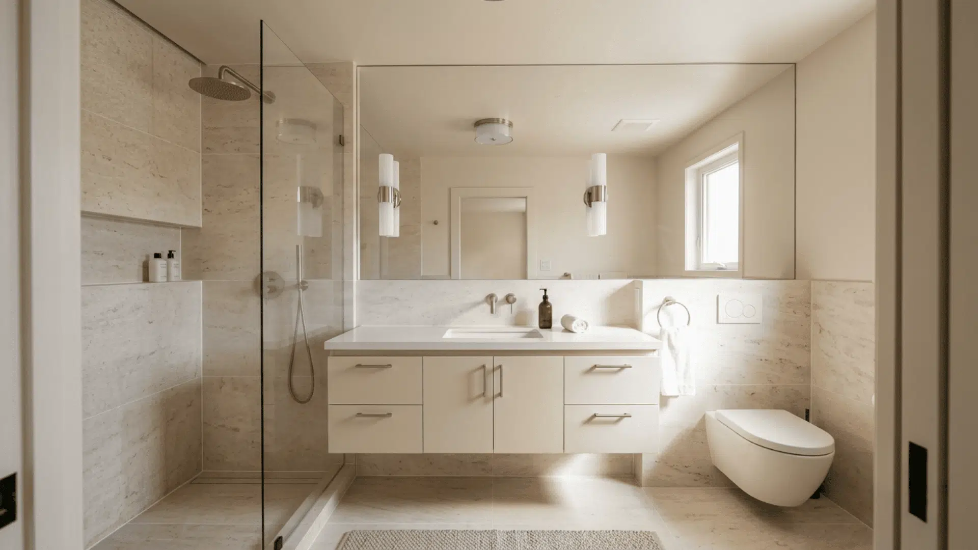 bright beige bathroom with white vanity, large mirror, glass shower, and toilet.