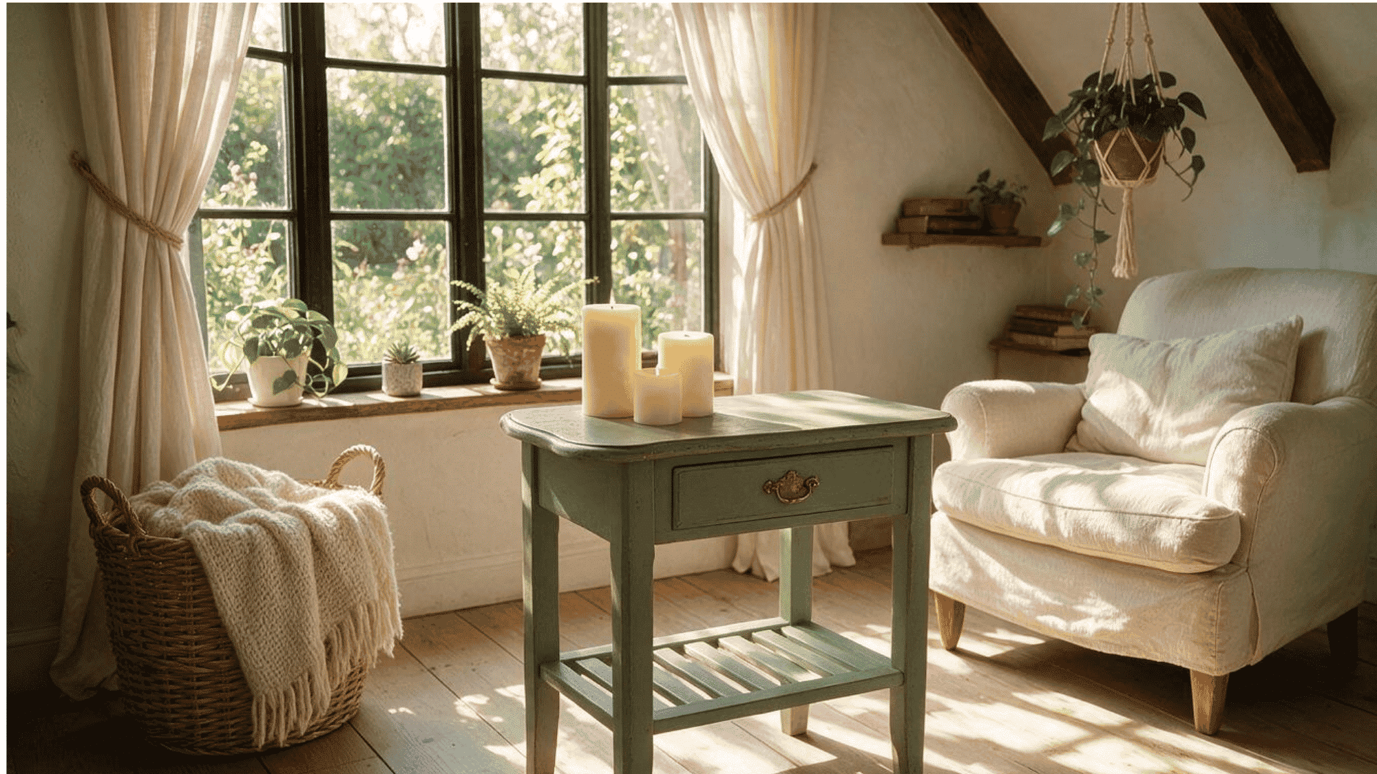 Cottagecore-inspired room with floral curtains, wicker chair, vintage furniture, indoor plants, and warm sunlight.