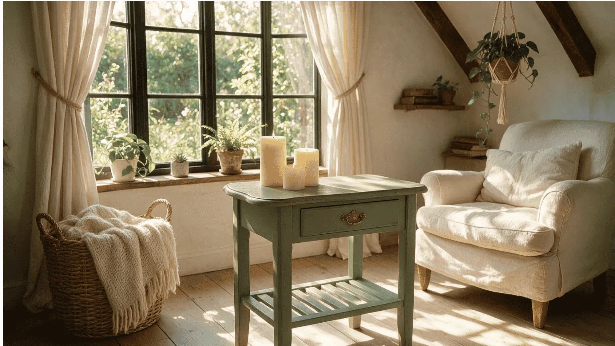 Cottagecore-inspired room with floral curtains, wicker chair, vintage furniture, indoor plants, and warm sunlight.
