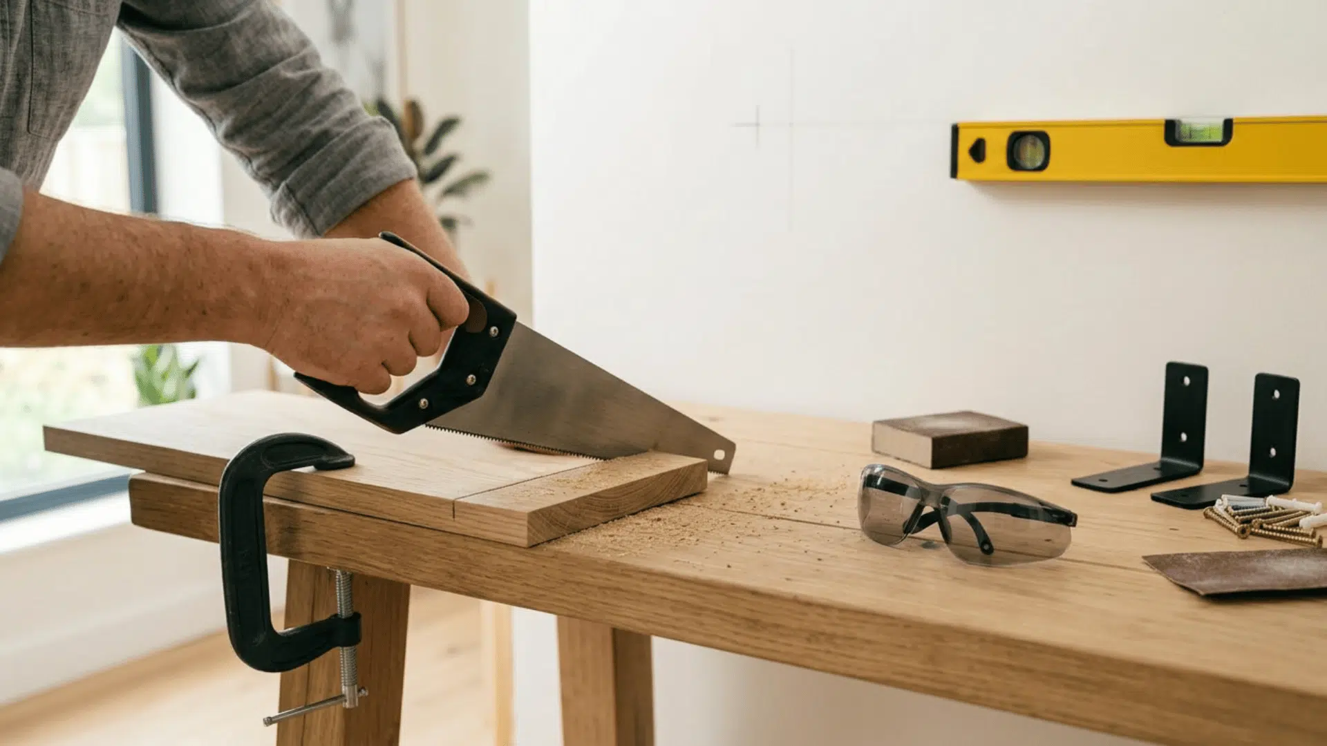Hands cutting a wooden shelf board with a hand saw on a clamped workbench.