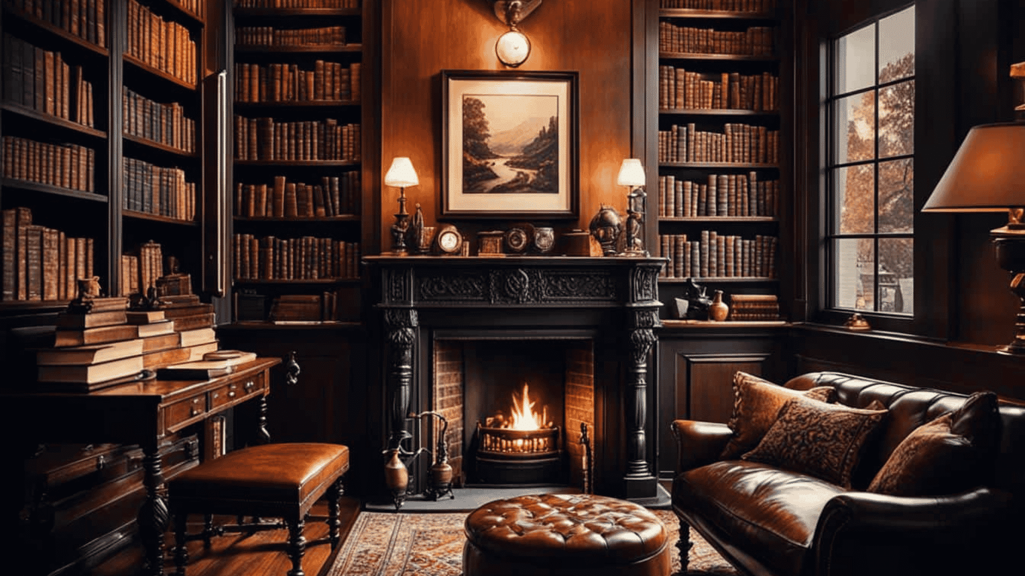 Dark Academia living room with vintage furniture, framed artwork, candles, dark walls, and classic decor.