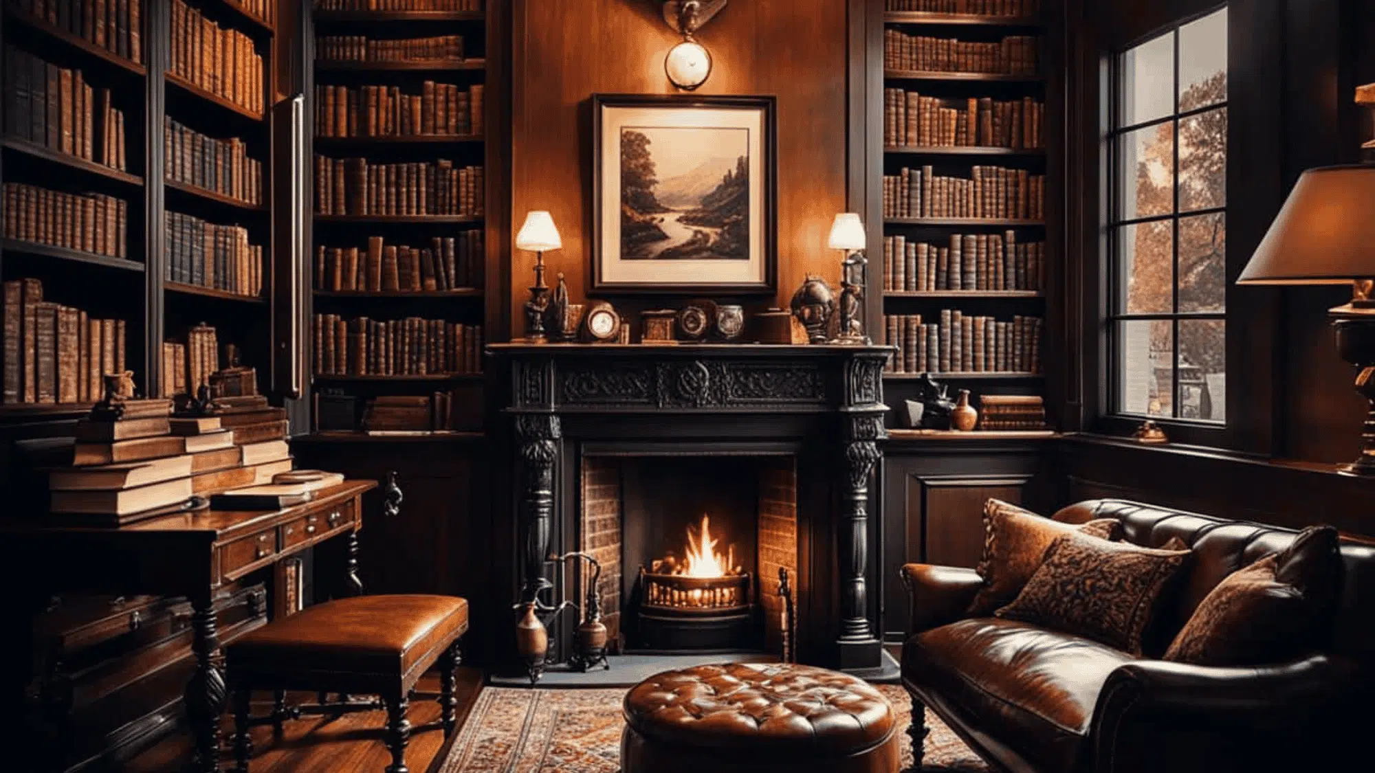 Dark Academia living room with vintage furniture, framed artwork, candles, dark walls, and classic decor.