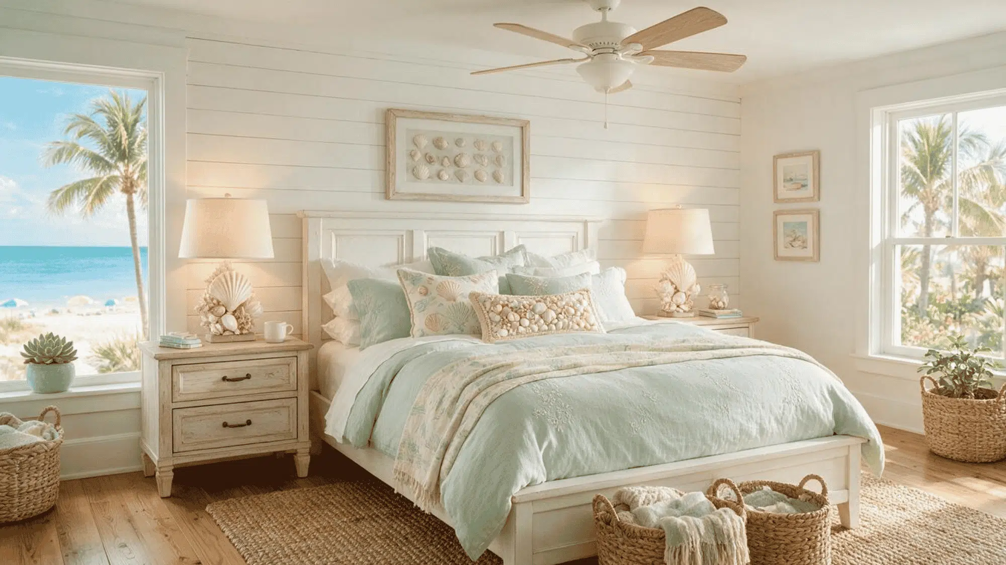 coastal-style bedroom with white furniture, blue bedding, woven baskets, shell decor, large windows, and ocean views