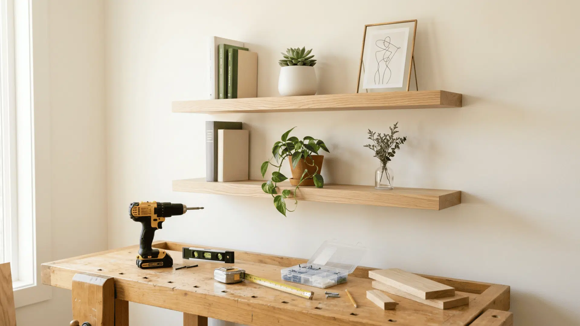 Two light oak floating shelves above a workbench with tools, books, and plants.