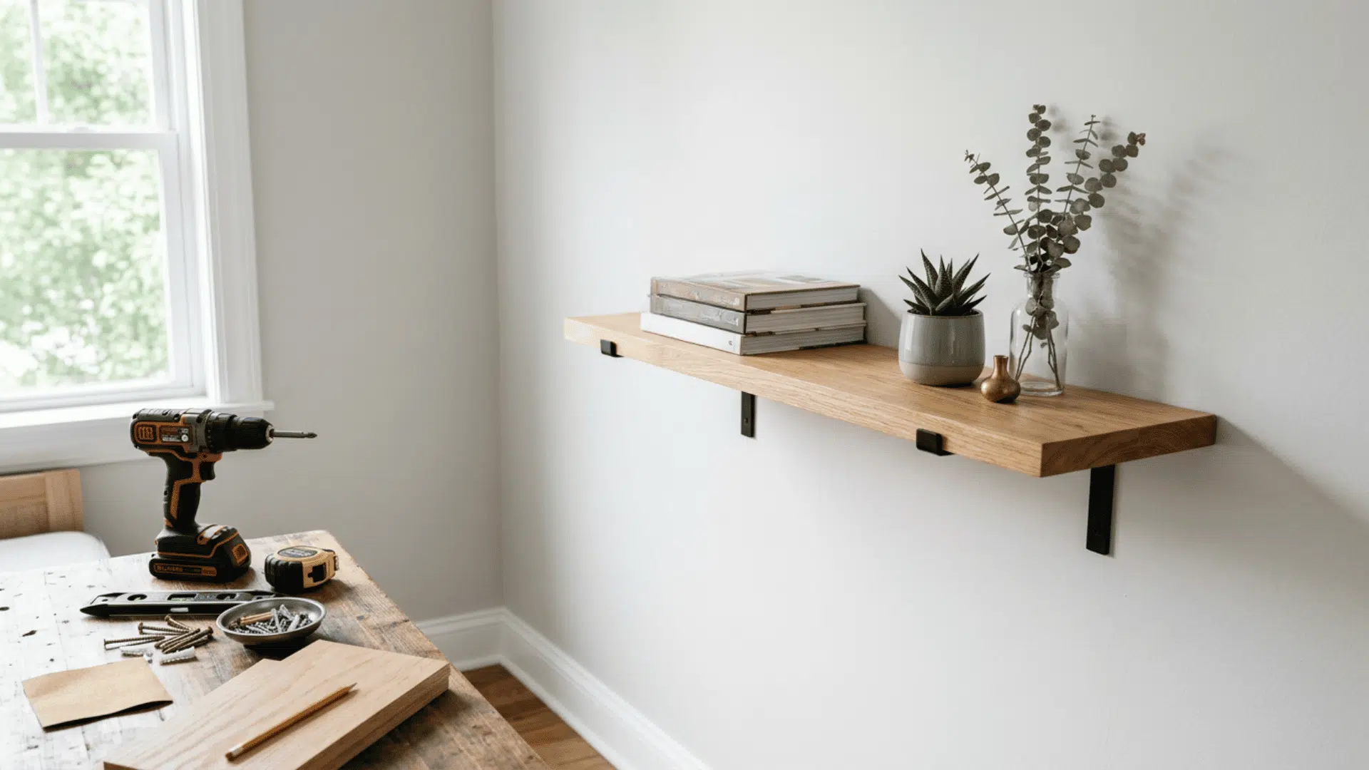 Wooden DIY shelf with black brackets, decor, and tools arranged on a workbench.