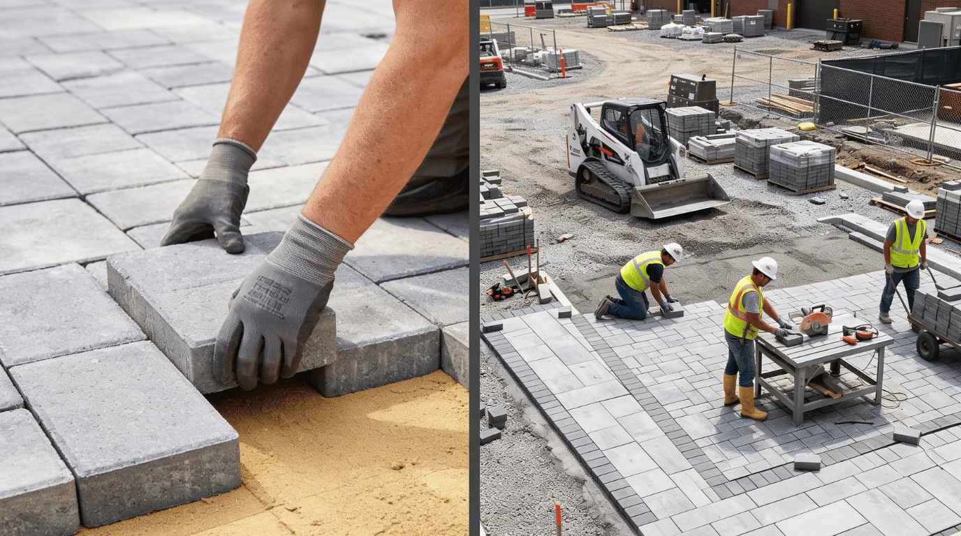 workers installing concrete pavers for a residential outdoor surface