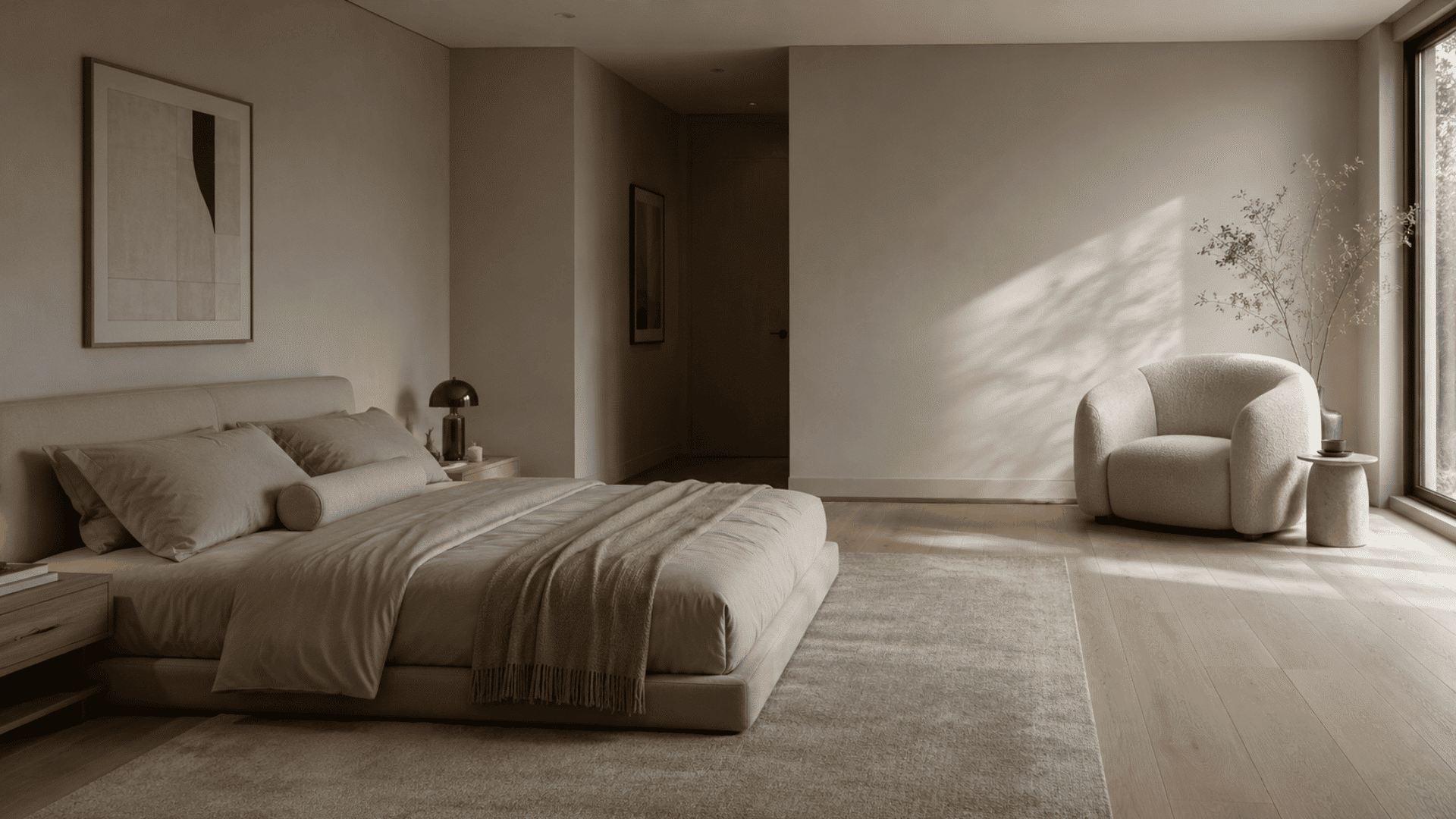 Bedroom design using emphasis by placement with a focal chair