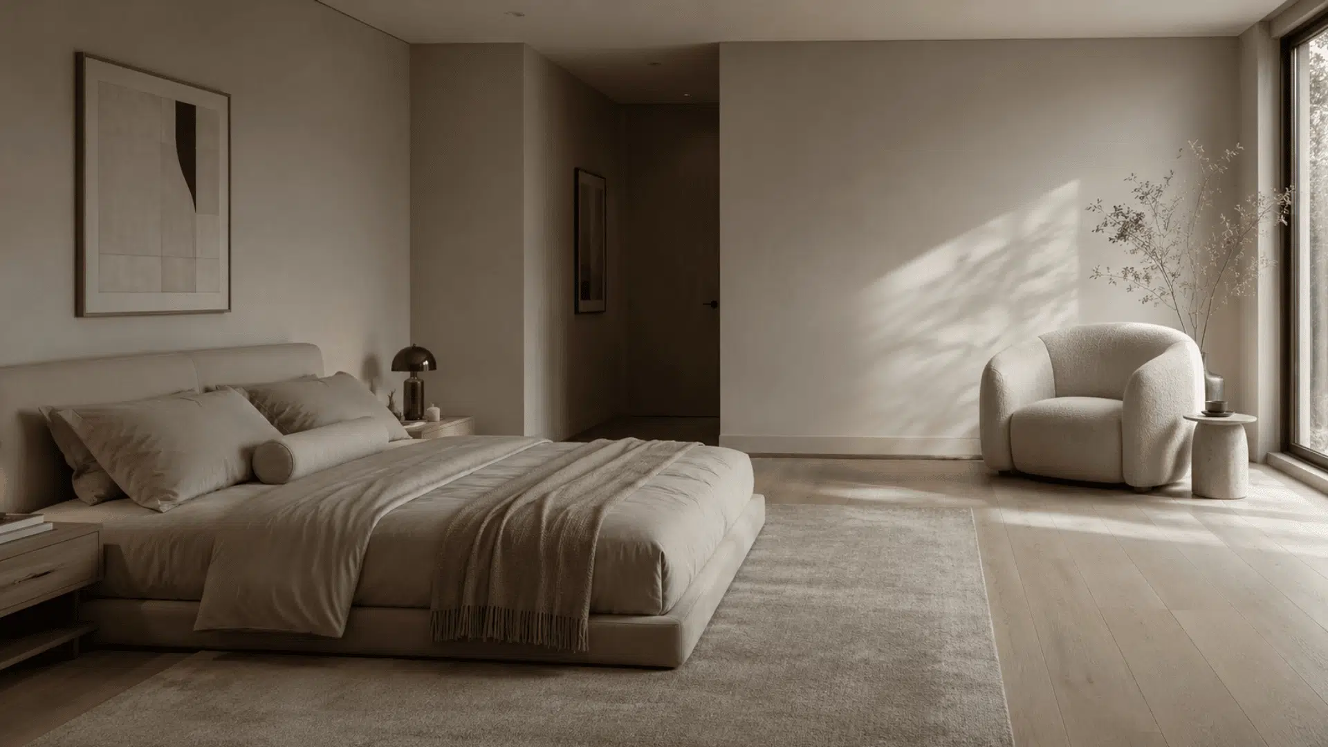 Bedroom design using emphasis by placement with a focal chair