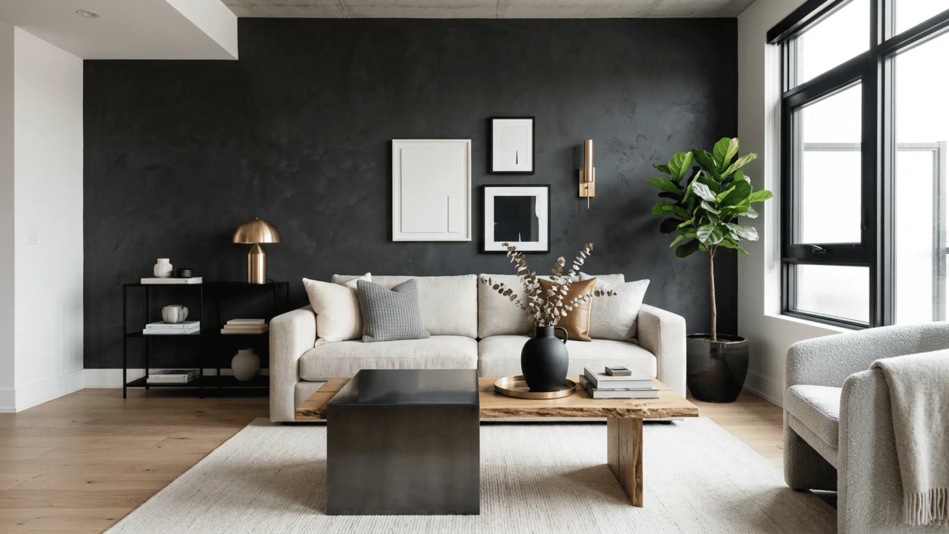 Light furniture against a dark wall showing contrast in interior design.