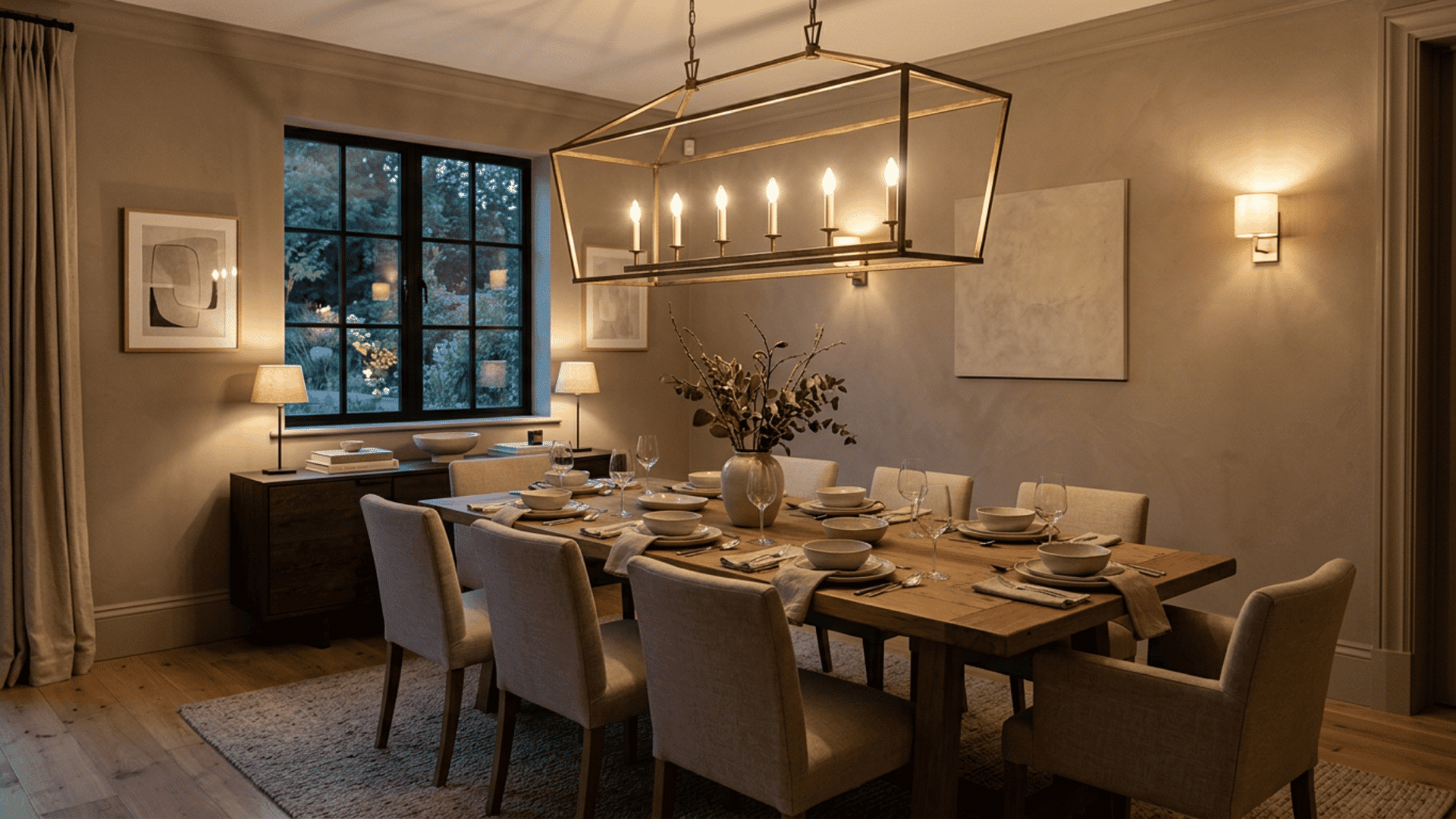 Statement pendant light highlighting a dining table as the main focal point.