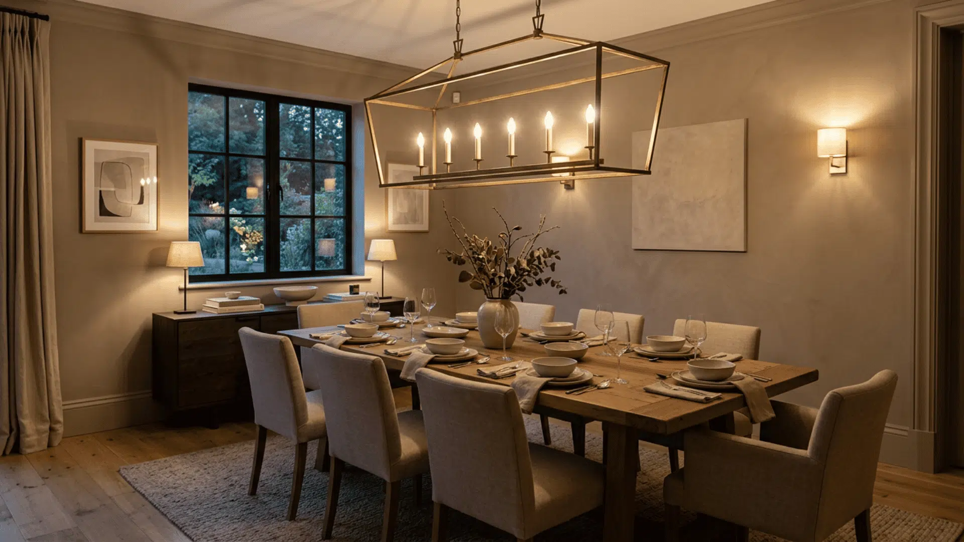Statement pendant light highlighting a dining table as the main focal point.