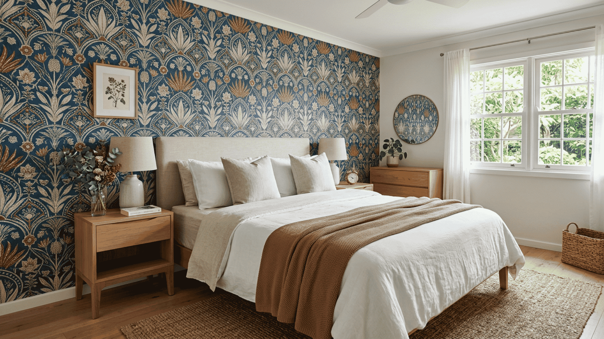 Patterned bedroom wall drawing attention behind a simple neutral bed.