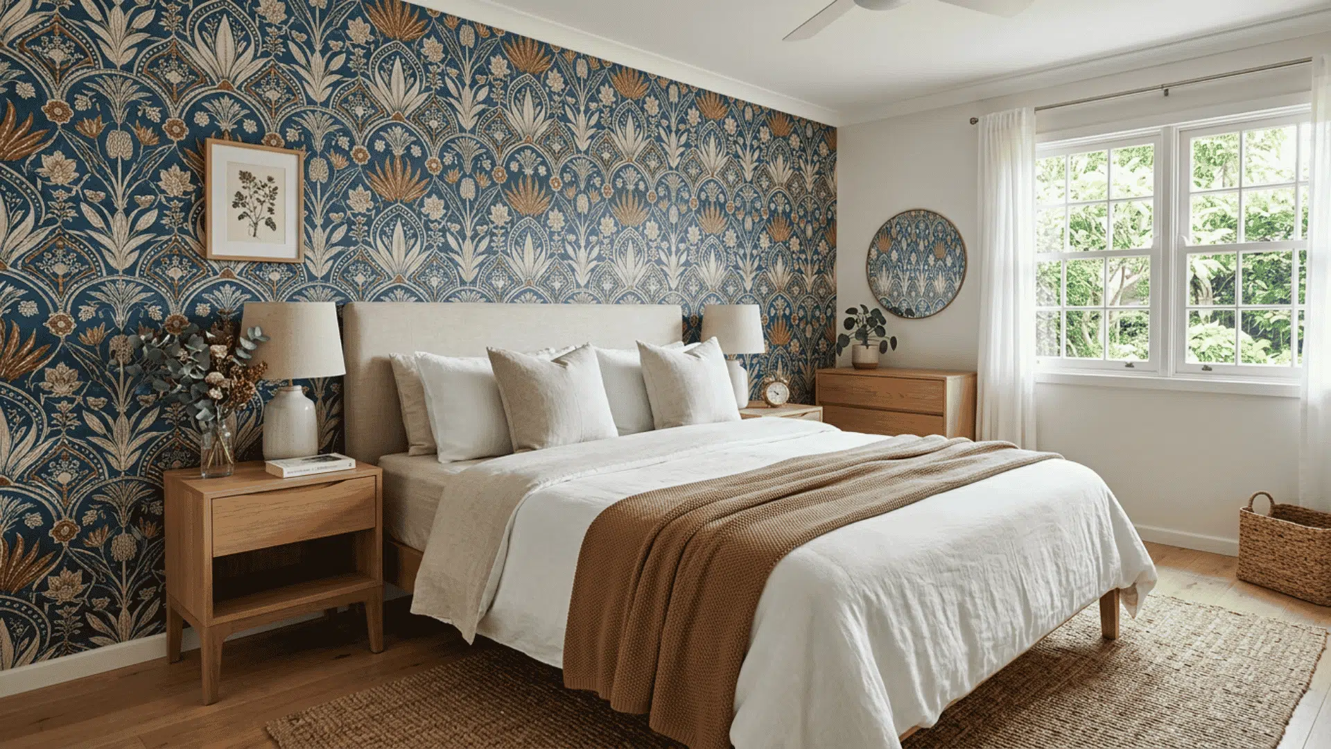 Patterned bedroom wall drawing attention behind a simple neutral bed.