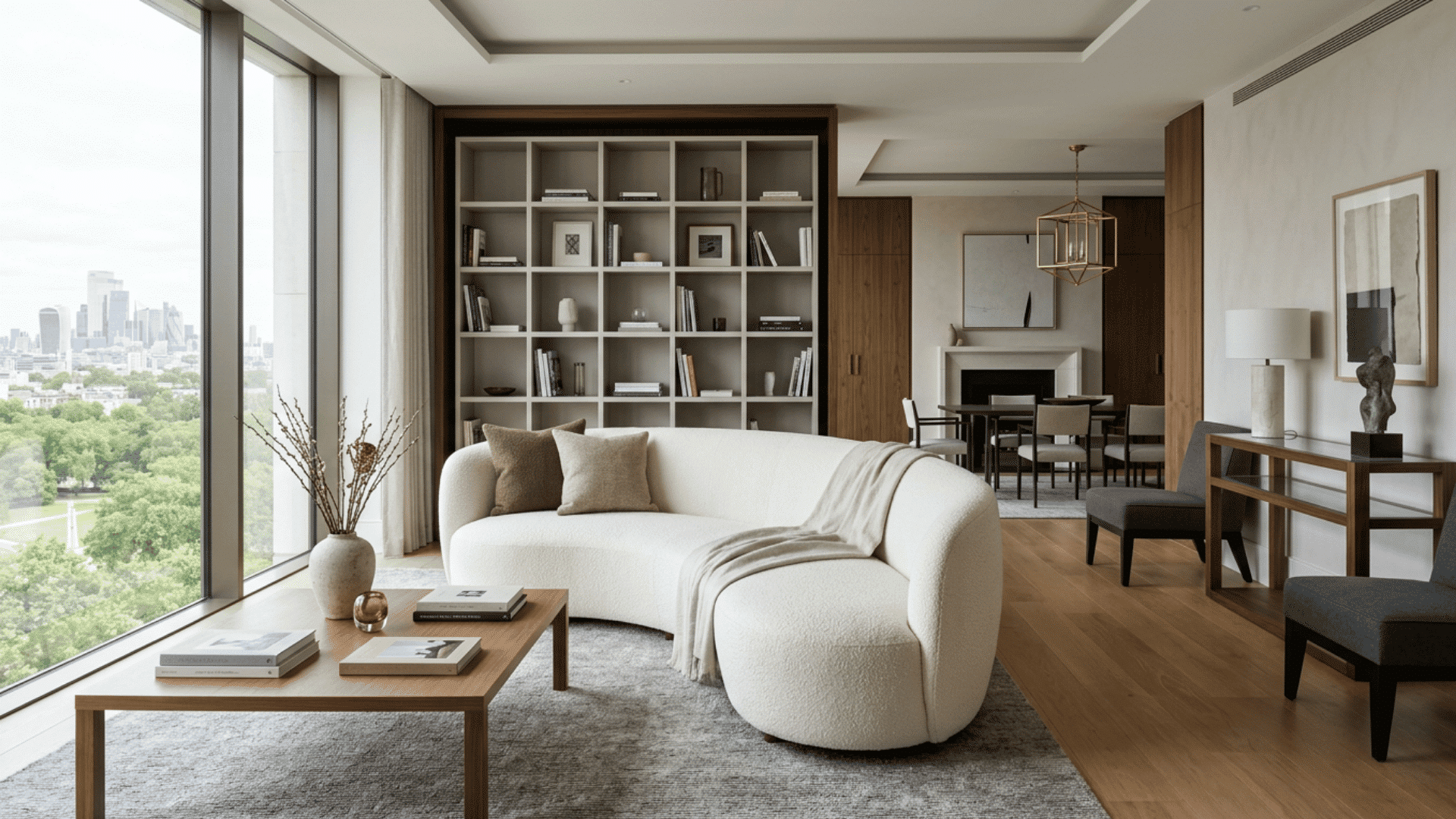 Curved sofa creating a focal point among straight-lined furniture.