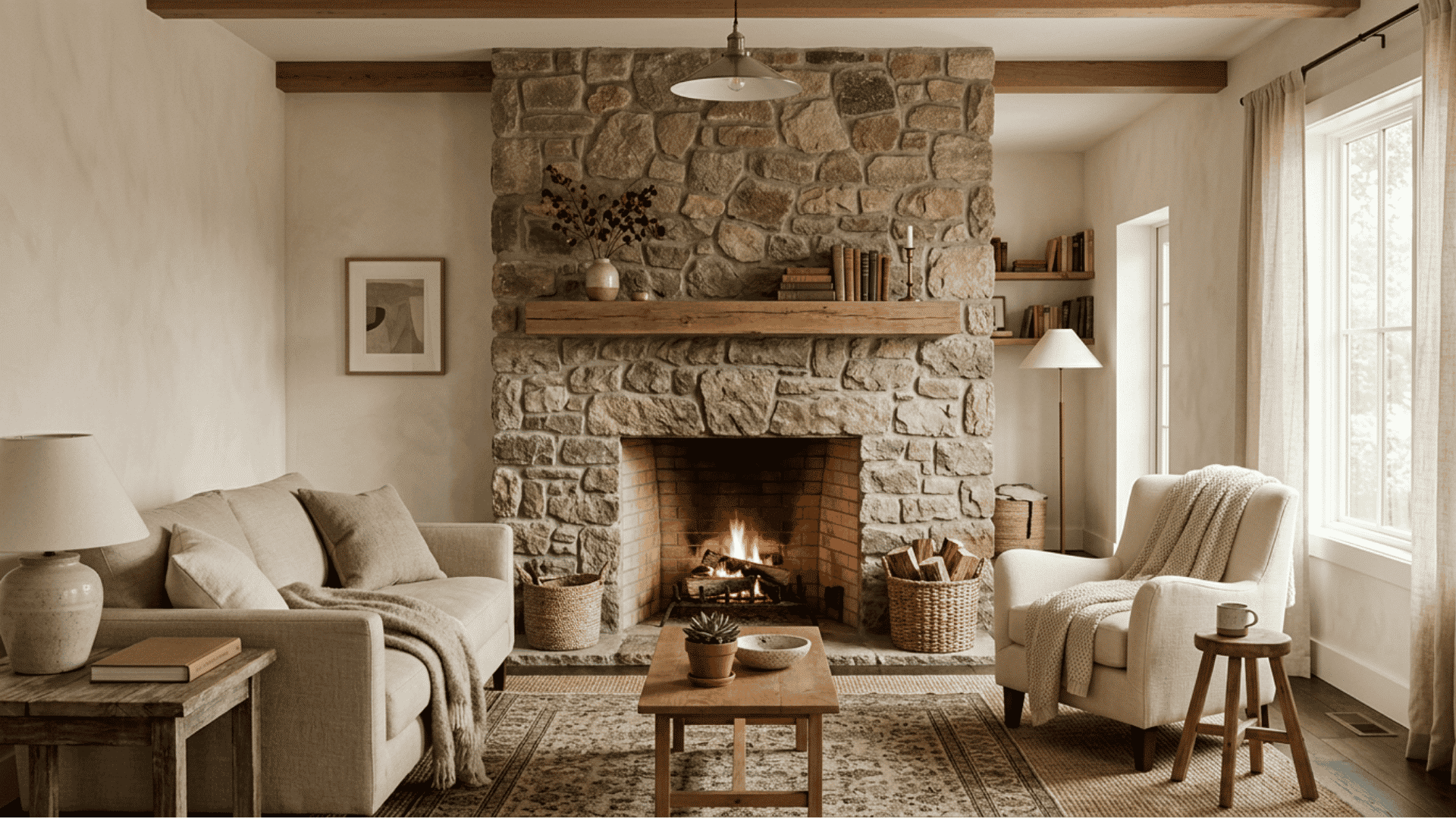 Textured stone fireplace standing out against smooth walls and simple furniture.