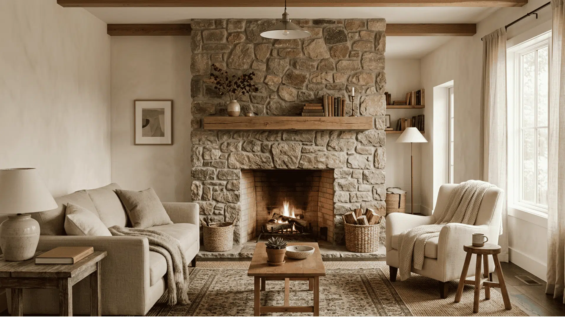Textured stone fireplace standing out against smooth walls and simple furniture.