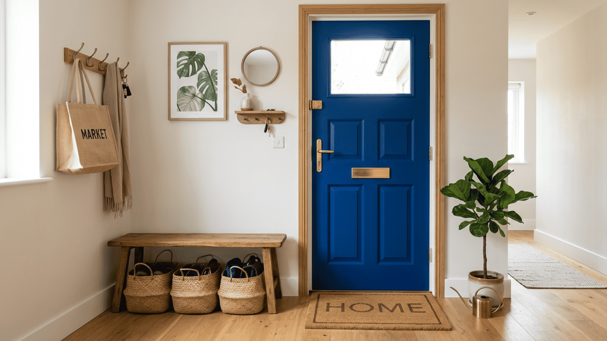Bright entryway with blue front door, wooden bench, woven baskets, wall hooks, and doormat