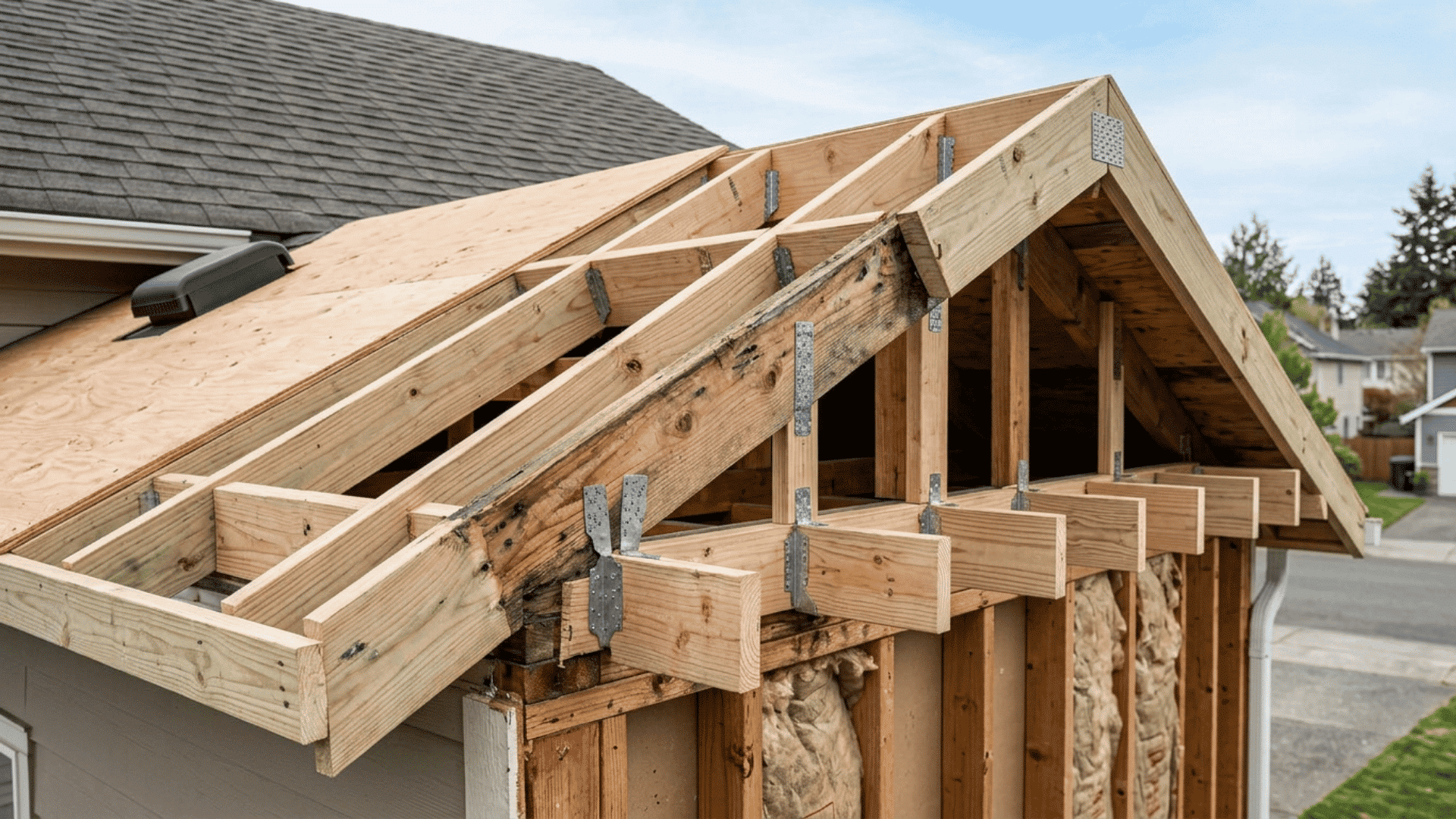 Rafter extensions and lookout framing forming a new roof overhang.