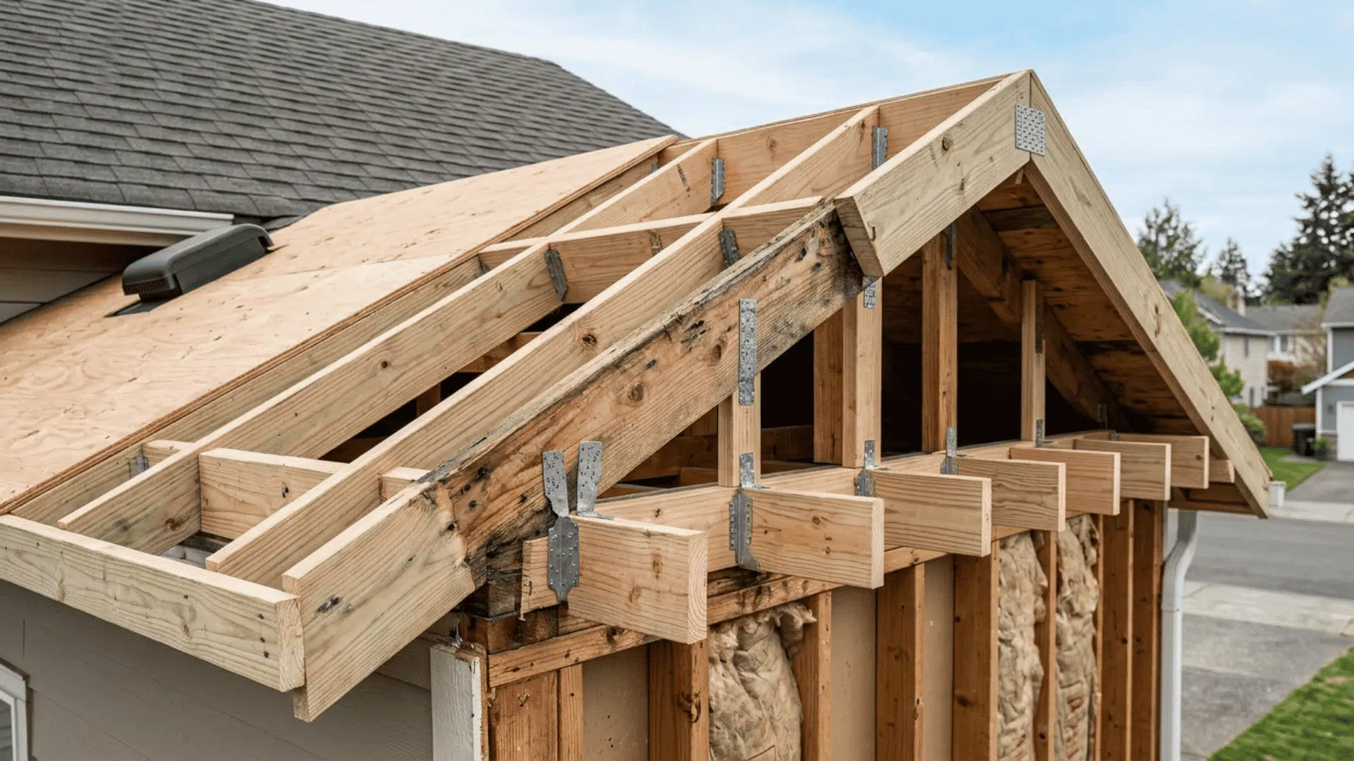 Rafter extensions and lookout framing forming a new roof overhang.