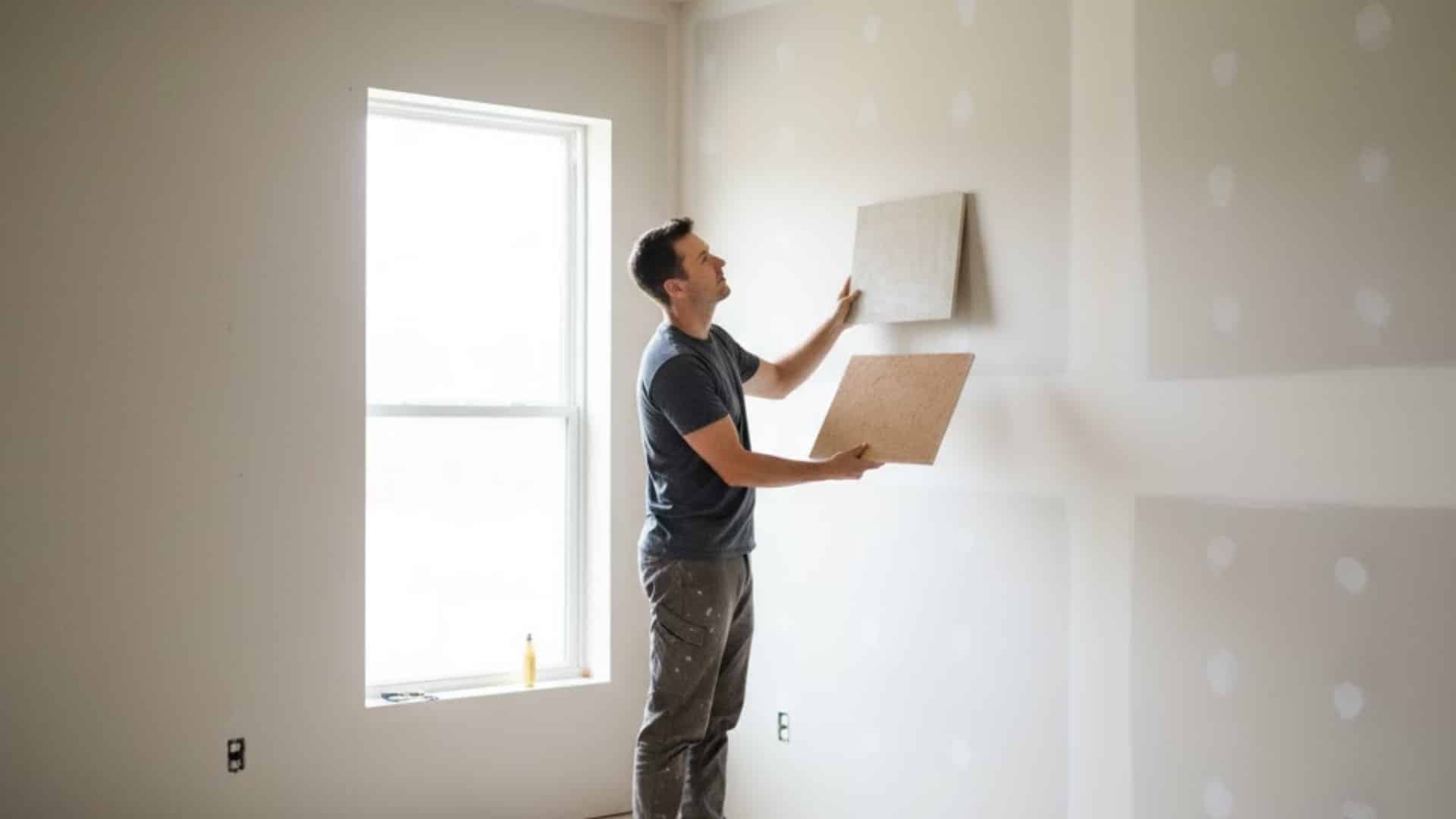 contractor comparing drywall texture samples against an unfinished interior wall