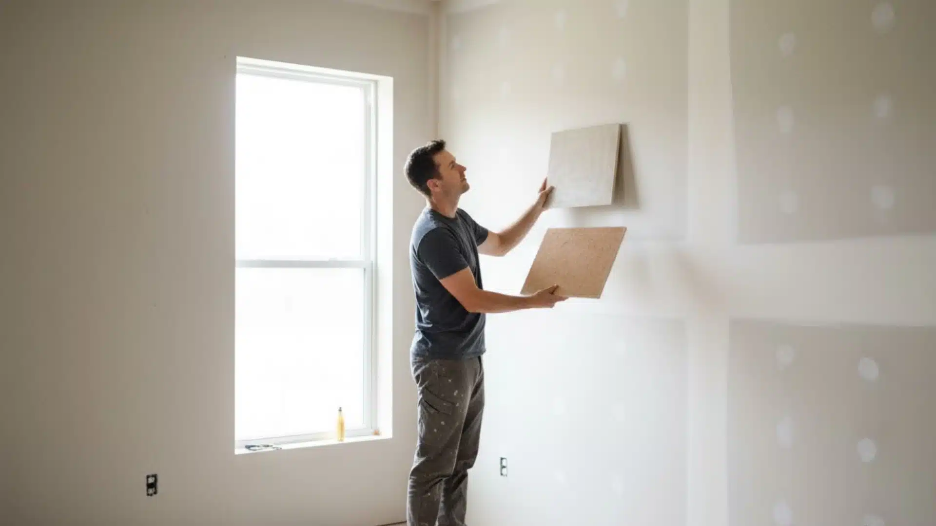 contractor comparing drywall texture samples against an unfinished interior wall