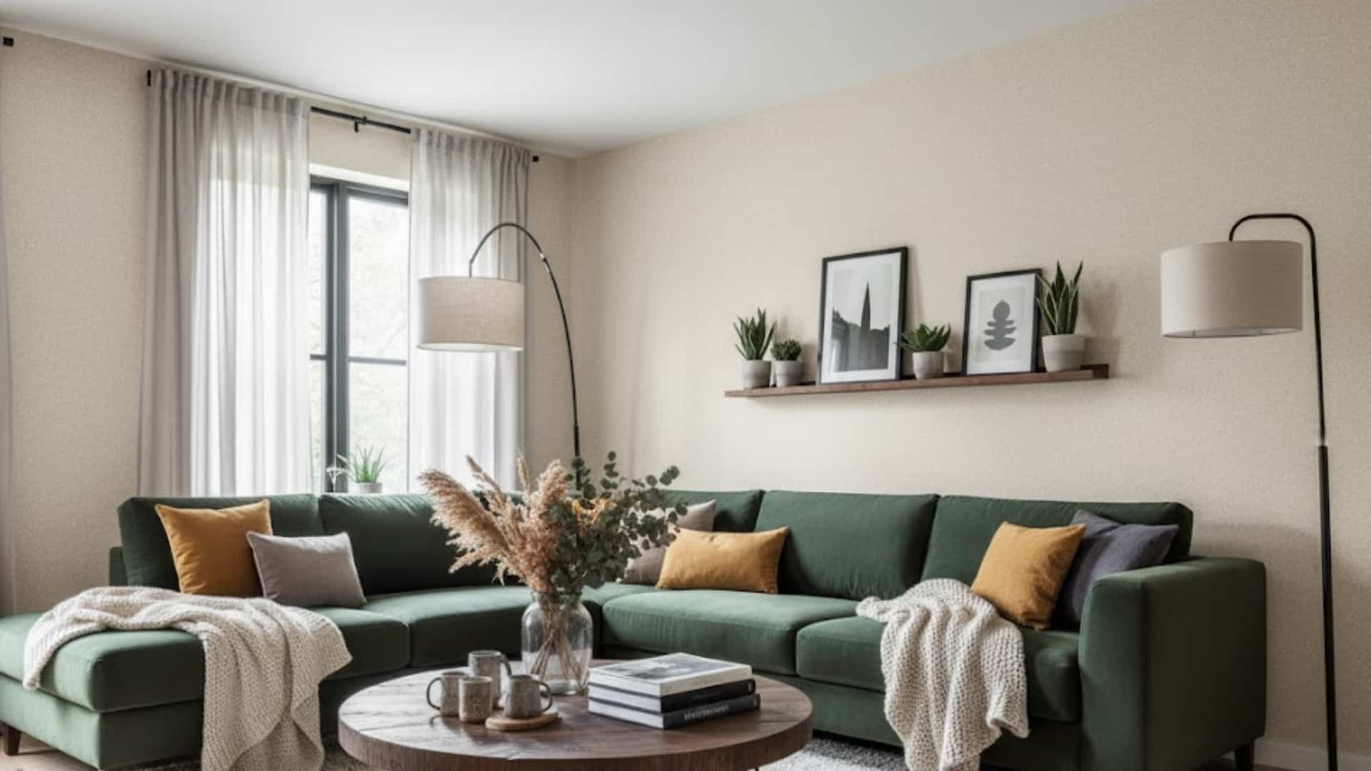 inviting living room with green sectional sofa and soft fine textured beige walls