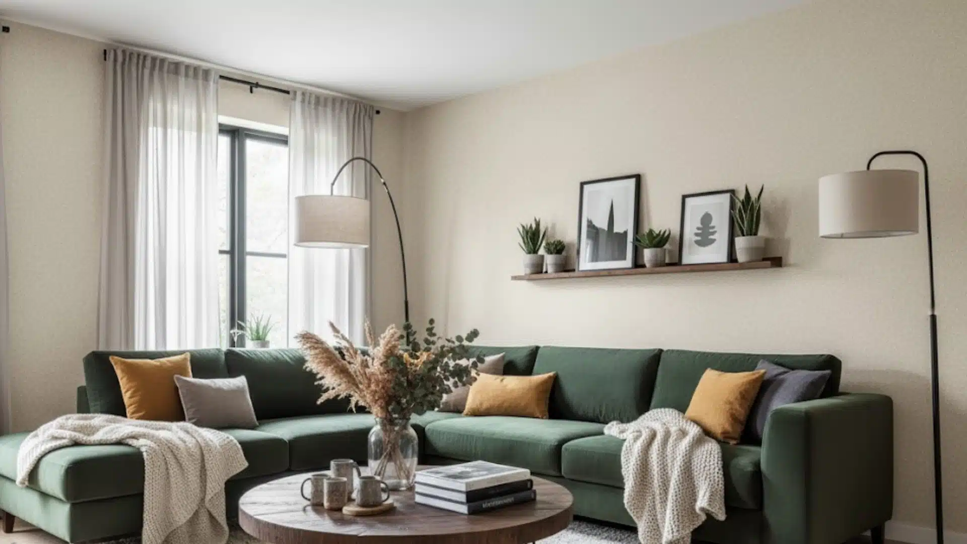 inviting living room with green sectional sofa and soft fine textured beige walls