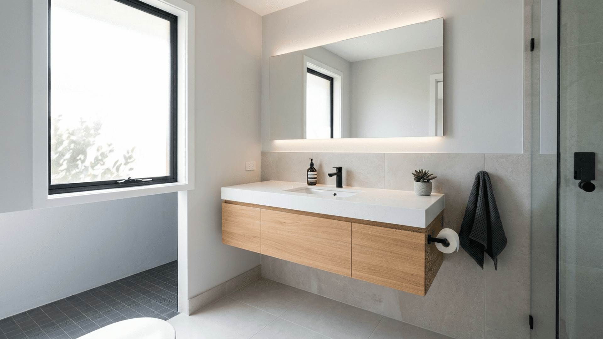 airy bathroom with a floating wood vanity, large mirror, window and glass shower