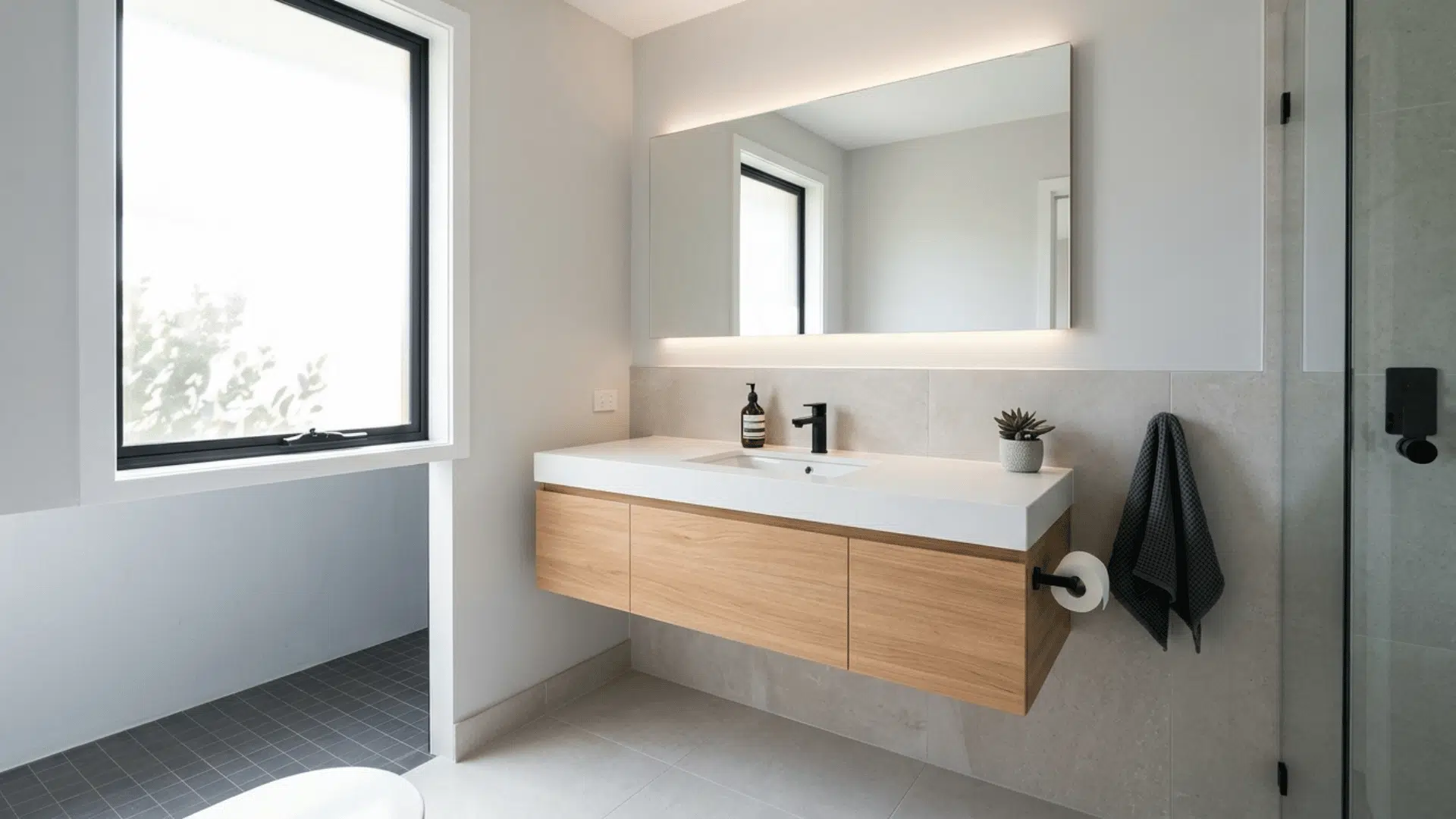airy bathroom with a floating wood vanity, large mirror, window and glass shower