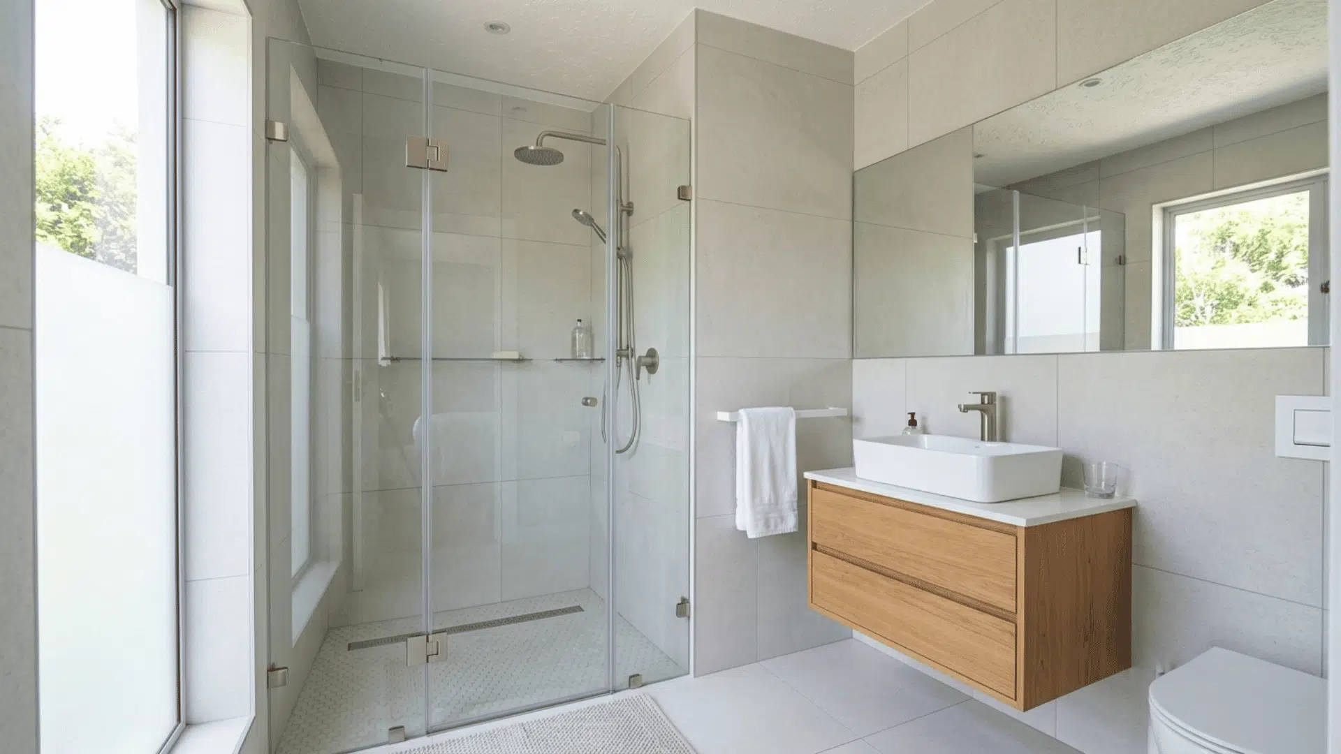 compact bathroom with a frameless glass shower, wood vanity, mirror, and toilet.